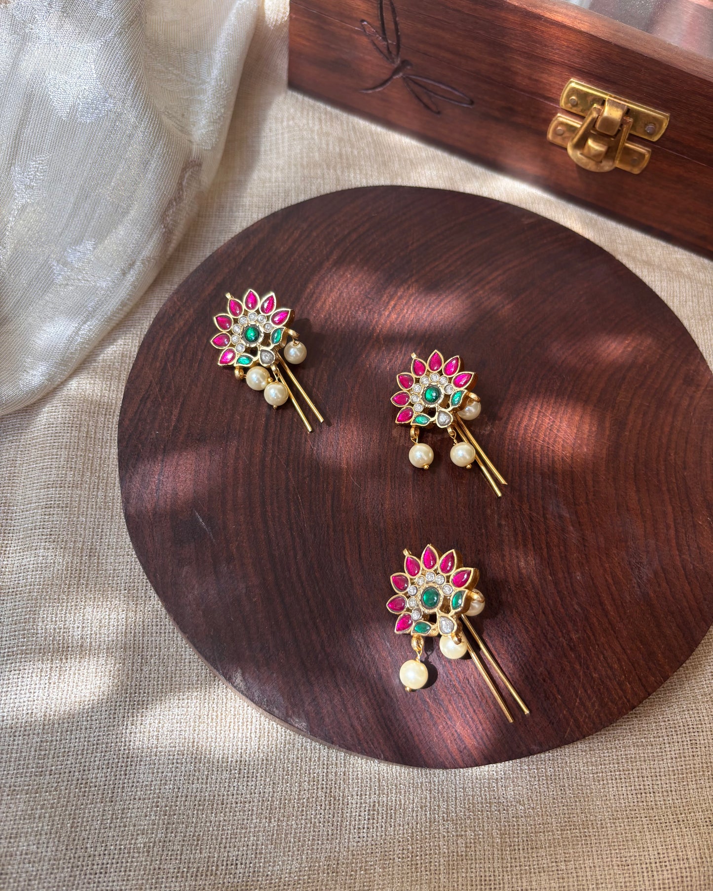 Multicolor Floral Jadau Kundan Hair Pins with Pearl Drops | HA077