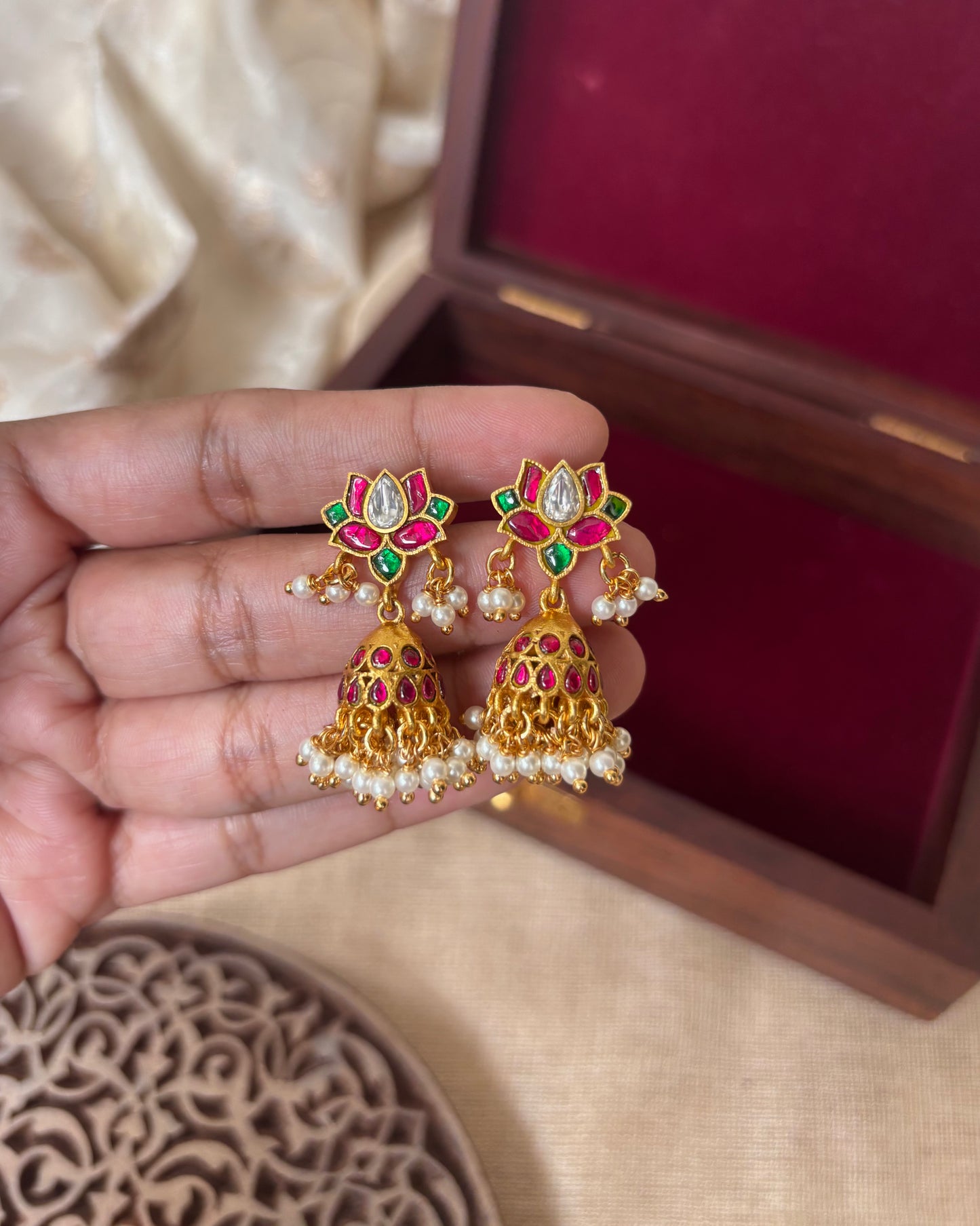 Lotus Charm Multicolor Jadau Kundan Jhumkas with Pearl Hangings | ER043