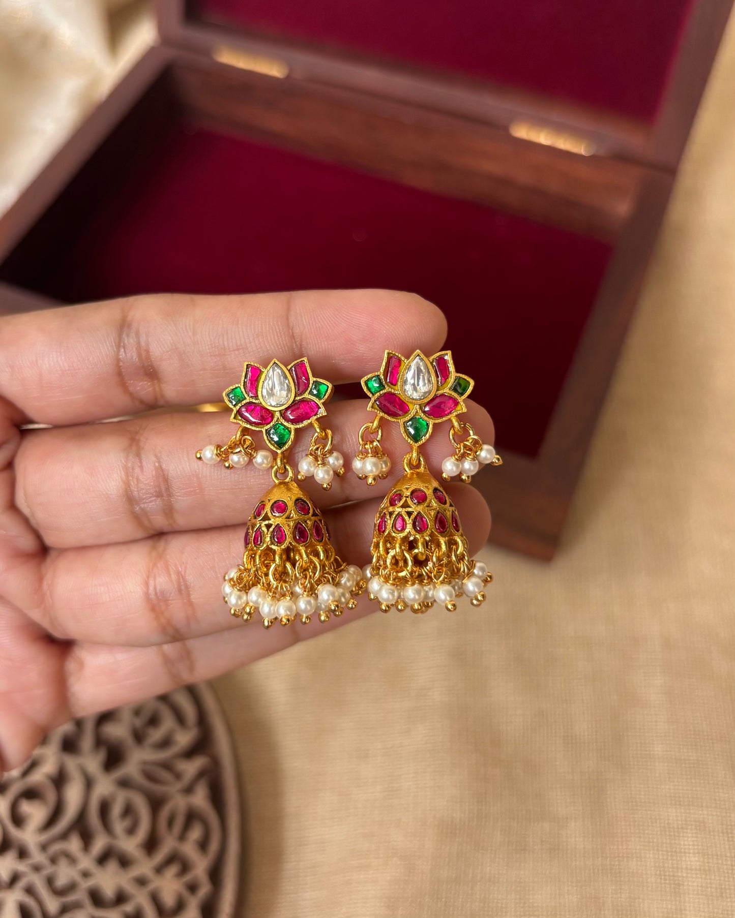 Lotus Charm Multicolor Jadau Kundan Jhumkas with Pearl Hangings | ER043