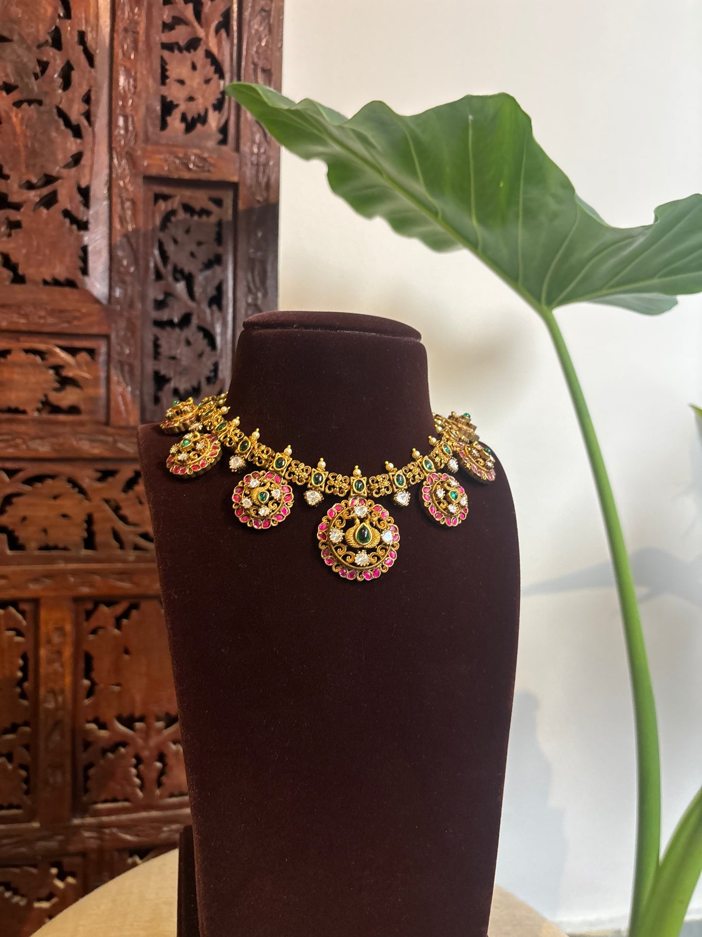 Antique Matte Gold Peacock Necklace Set with Kundan Stones | NC246