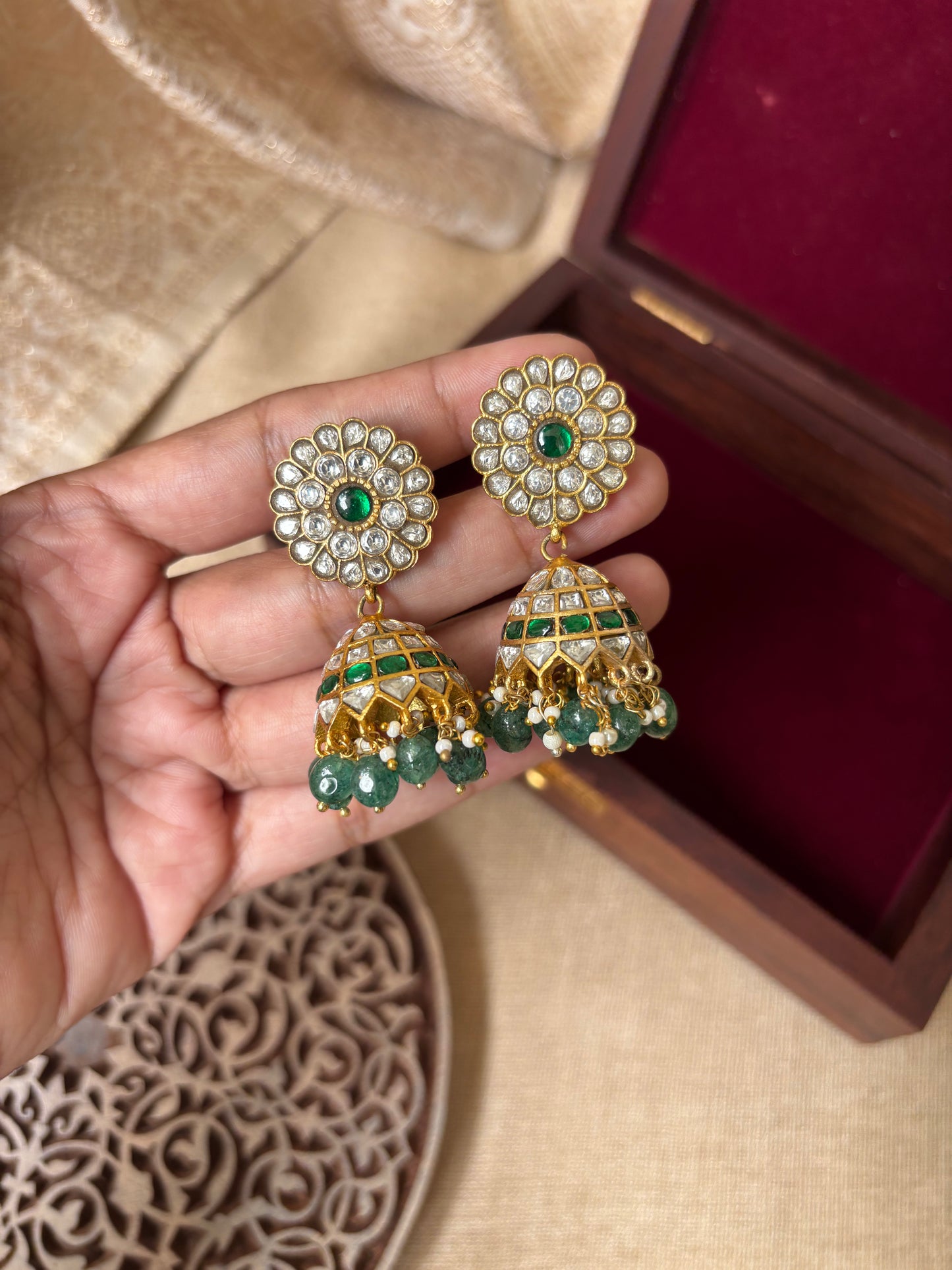 Green & White Floral Jadau Kundan Jhumkas with Pearl Detailing | ER040