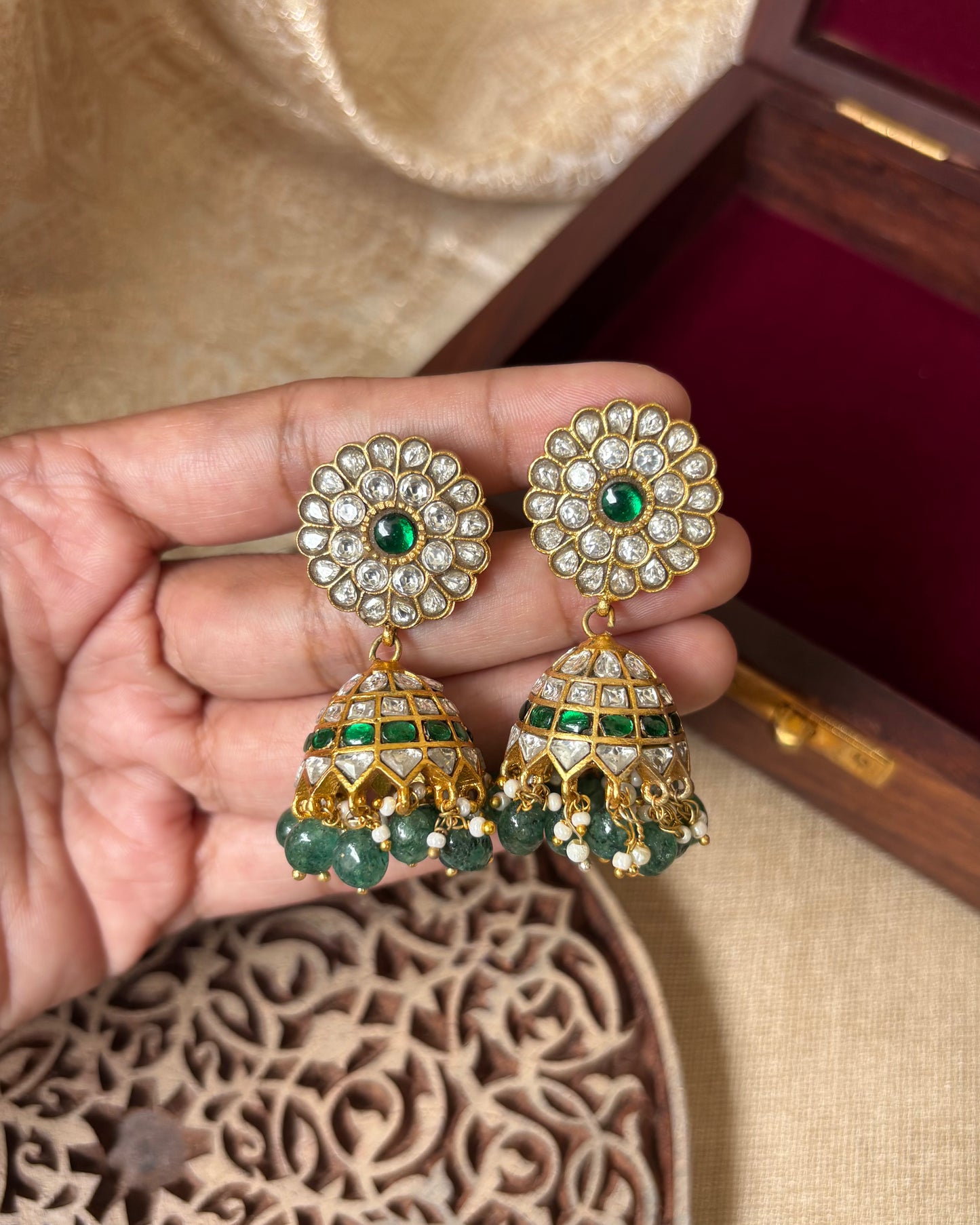 Green & White Floral Jadau Kundan Jhumkas with Pearl Detailing | ER040