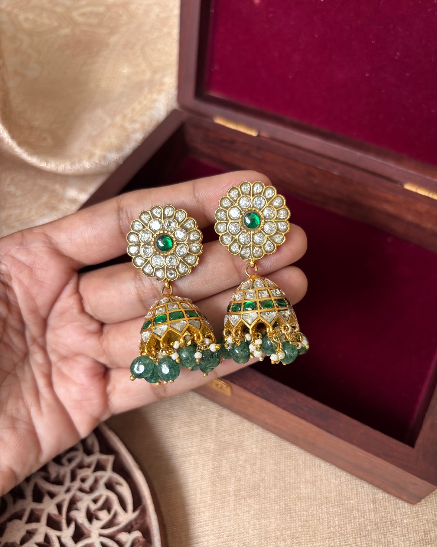 Green & White Floral Jadau Kundan Jhumkas with Pearl Detailing | ER040