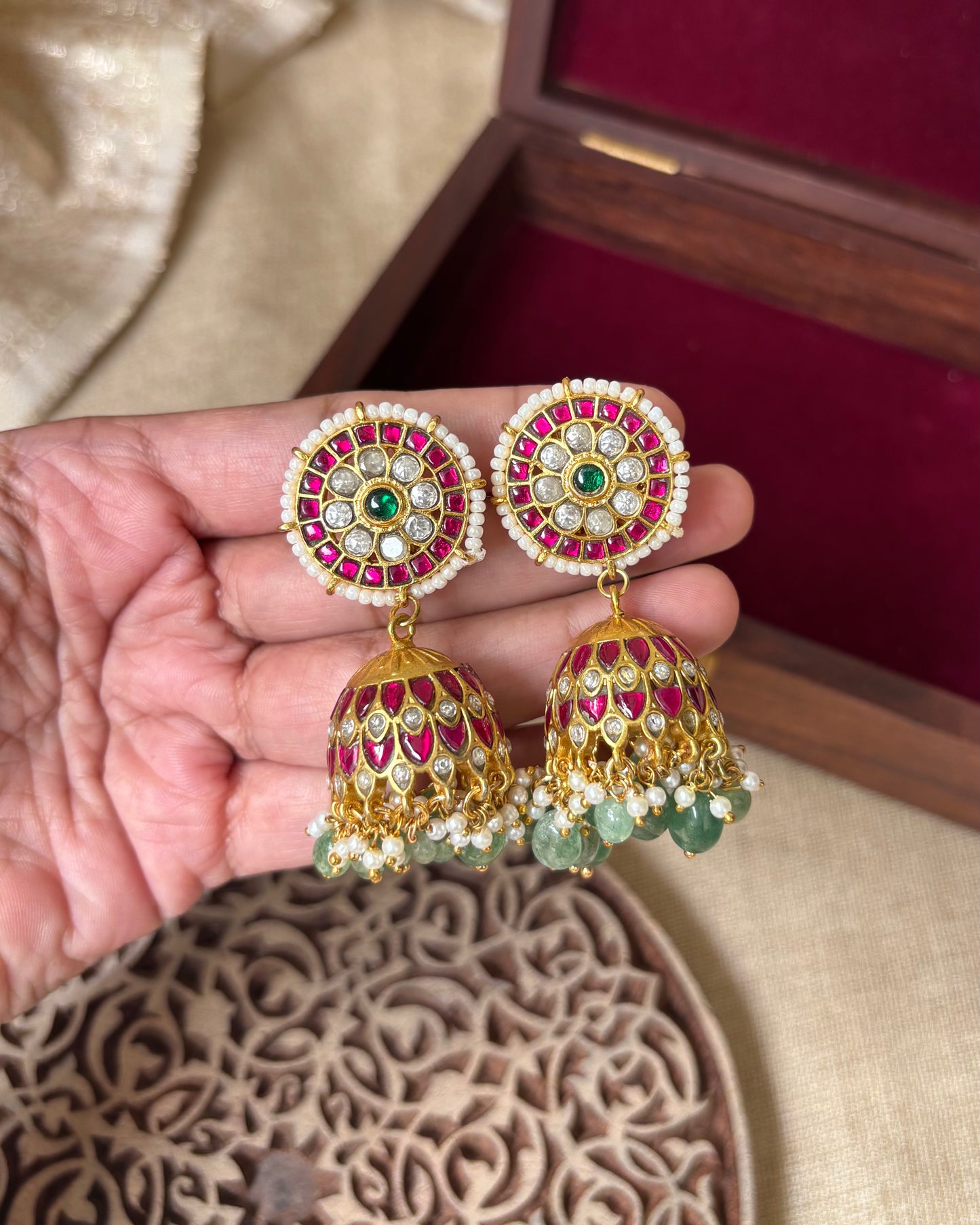 Bridal Jadau Kundan Jhumkas with Pearls & Strawberry Beads | ER040