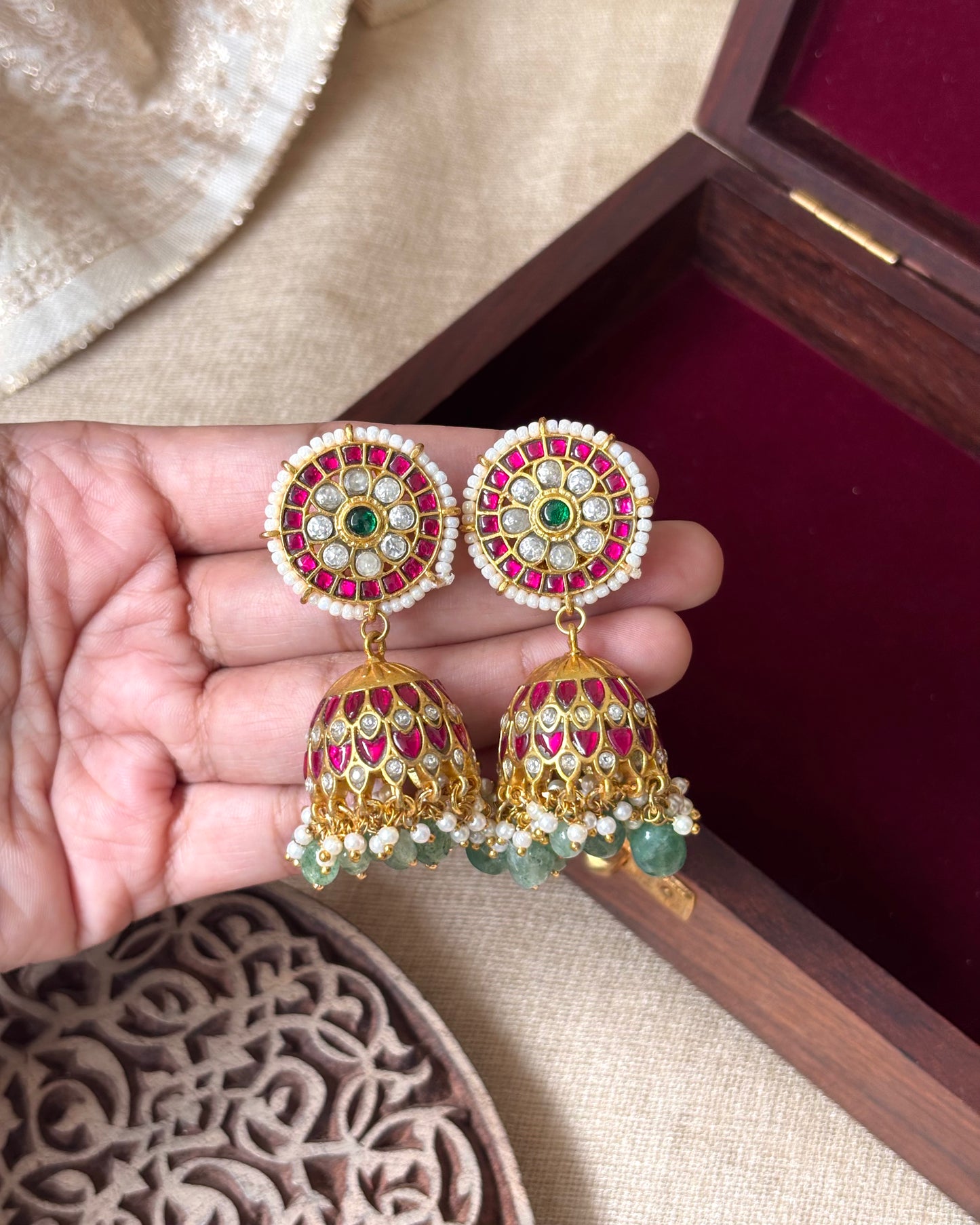 Bridal Jadau Kundan Jhumkas with Pearls & Strawberry Beads | ER040
