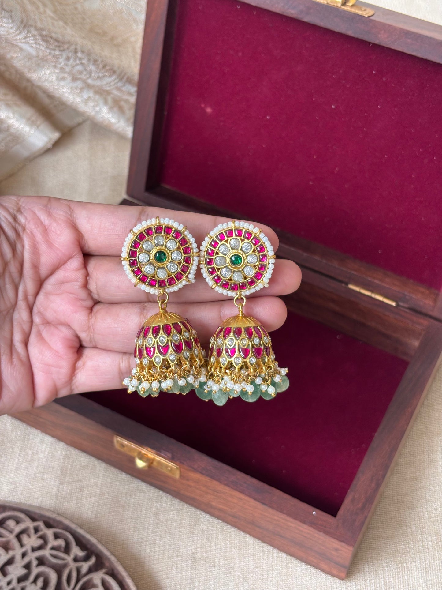 Bridal Jadau Kundan Jhumkas with Pearls & Strawberry Beads | ER040