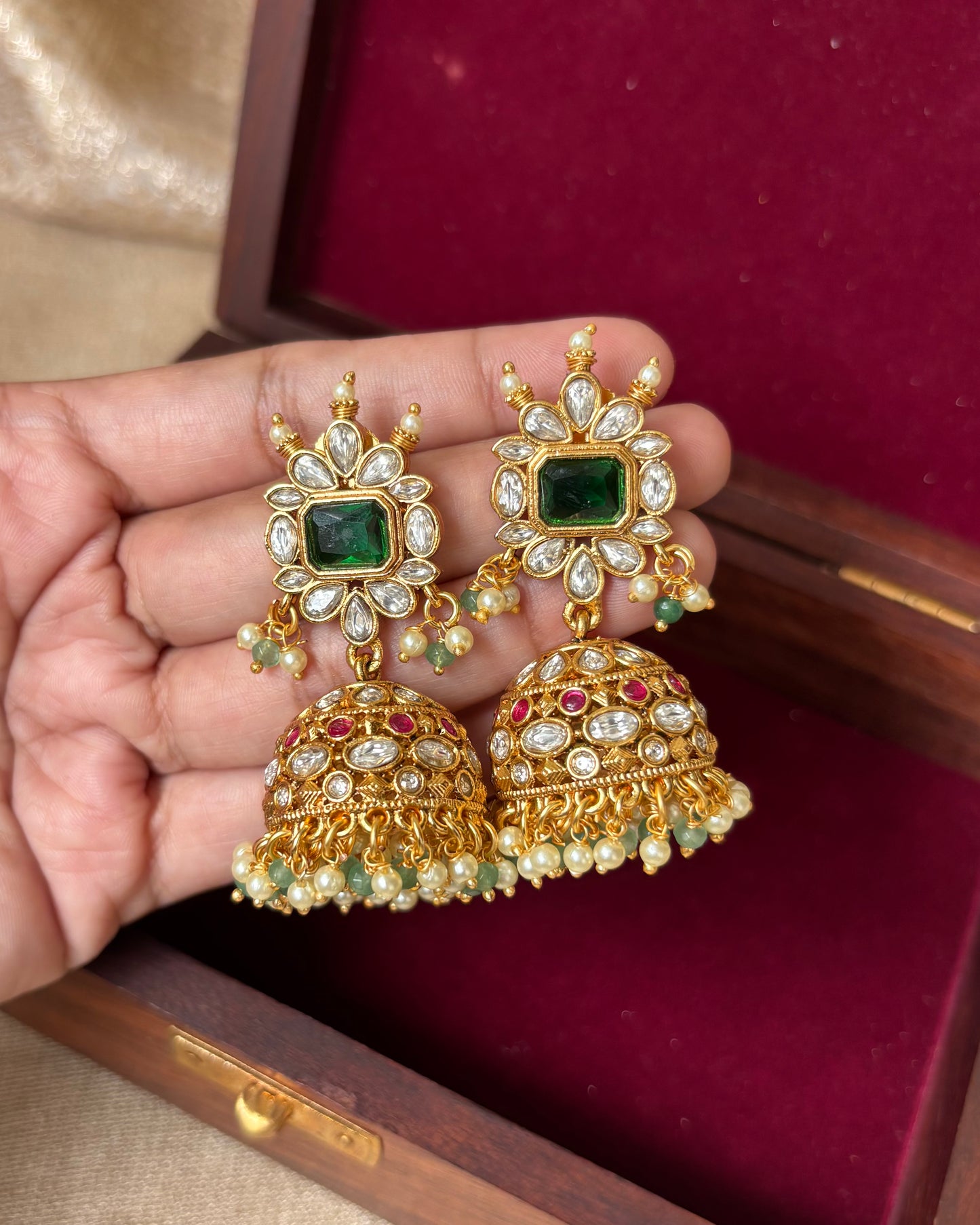 White & Green Kundan Jhumkas with Pearl and Mint Bead Drops | ER039