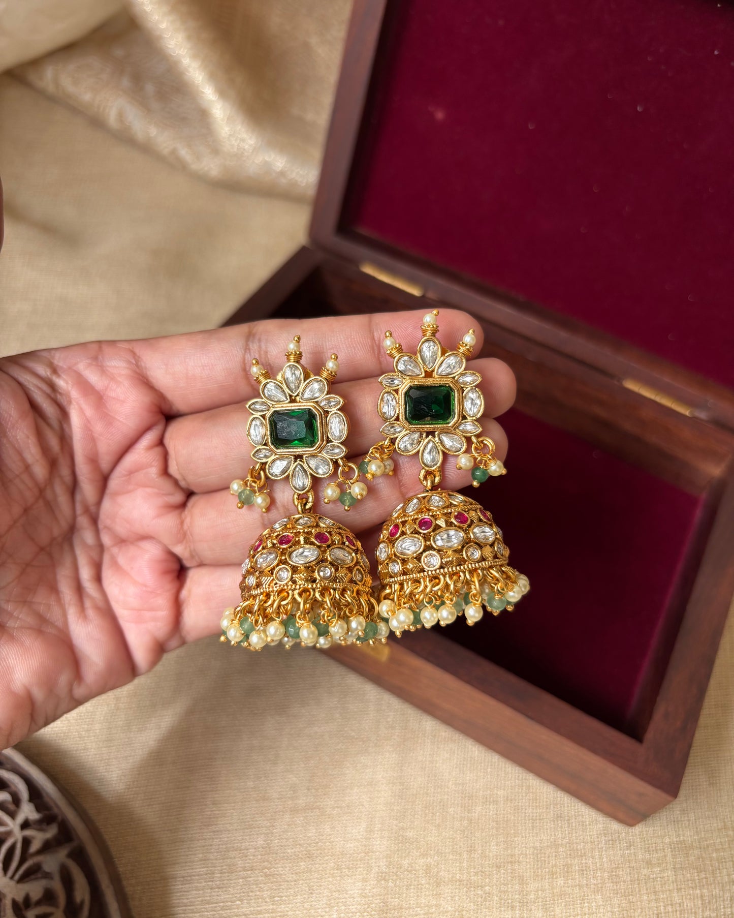 White & Green Kundan Jhumkas with Pearl and Mint Bead Drops | ER039