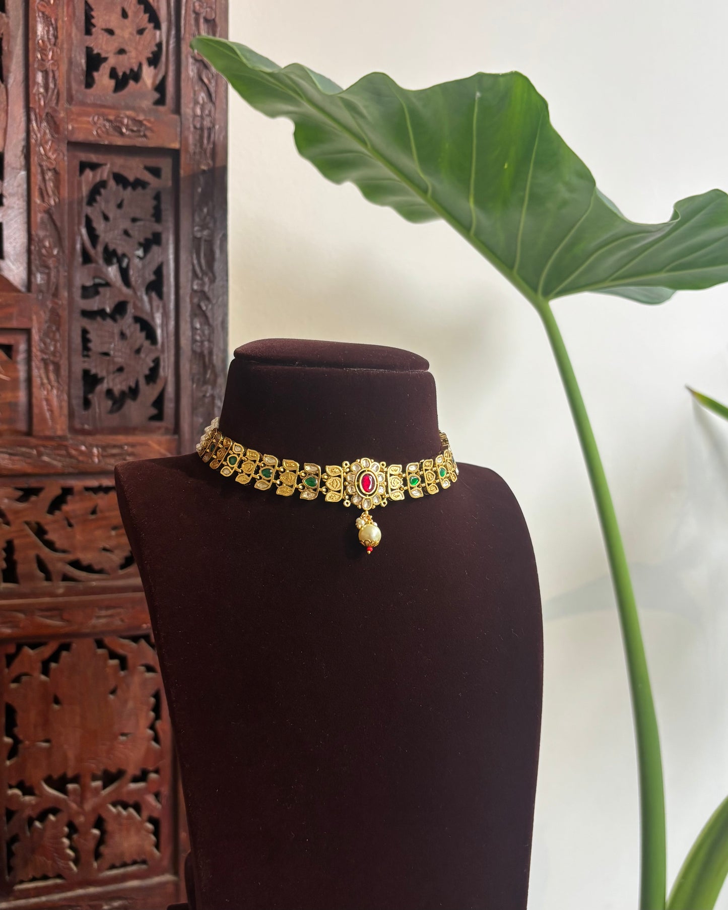Premium Matte Finish Lotus Necklace Set with Floral Kundan Pendant & Matching Earrings | NC256