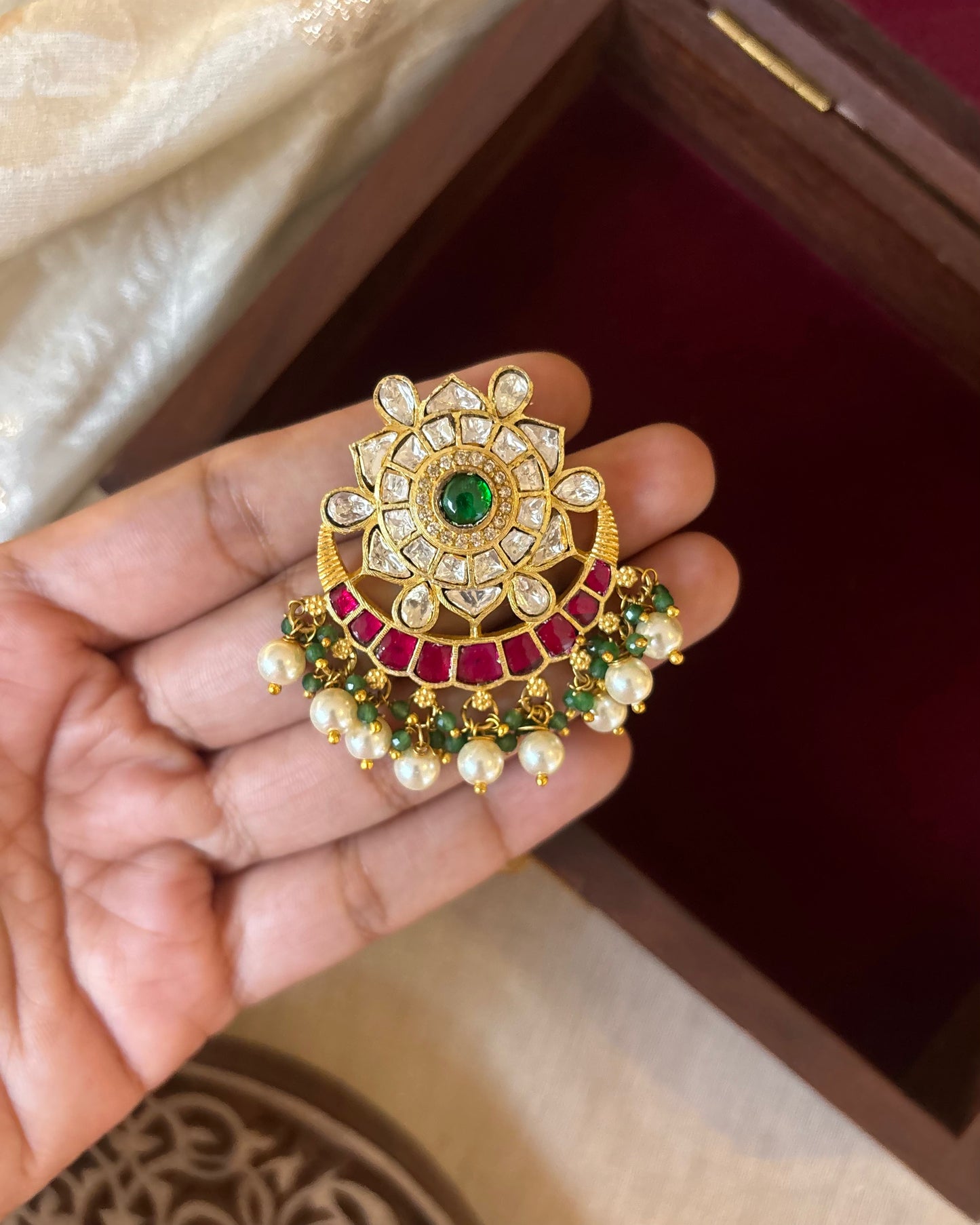 Multicolor Royal Floral Jadau Kundan Pendant | Ruby & White | HA288