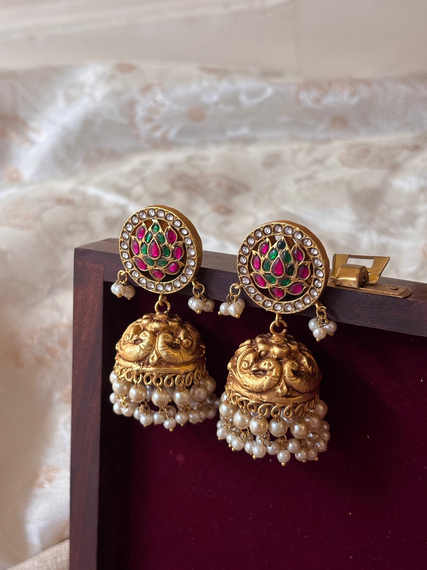 Bridal Jadau Kundan Floral Antique Peacock Jhumkas | ER059