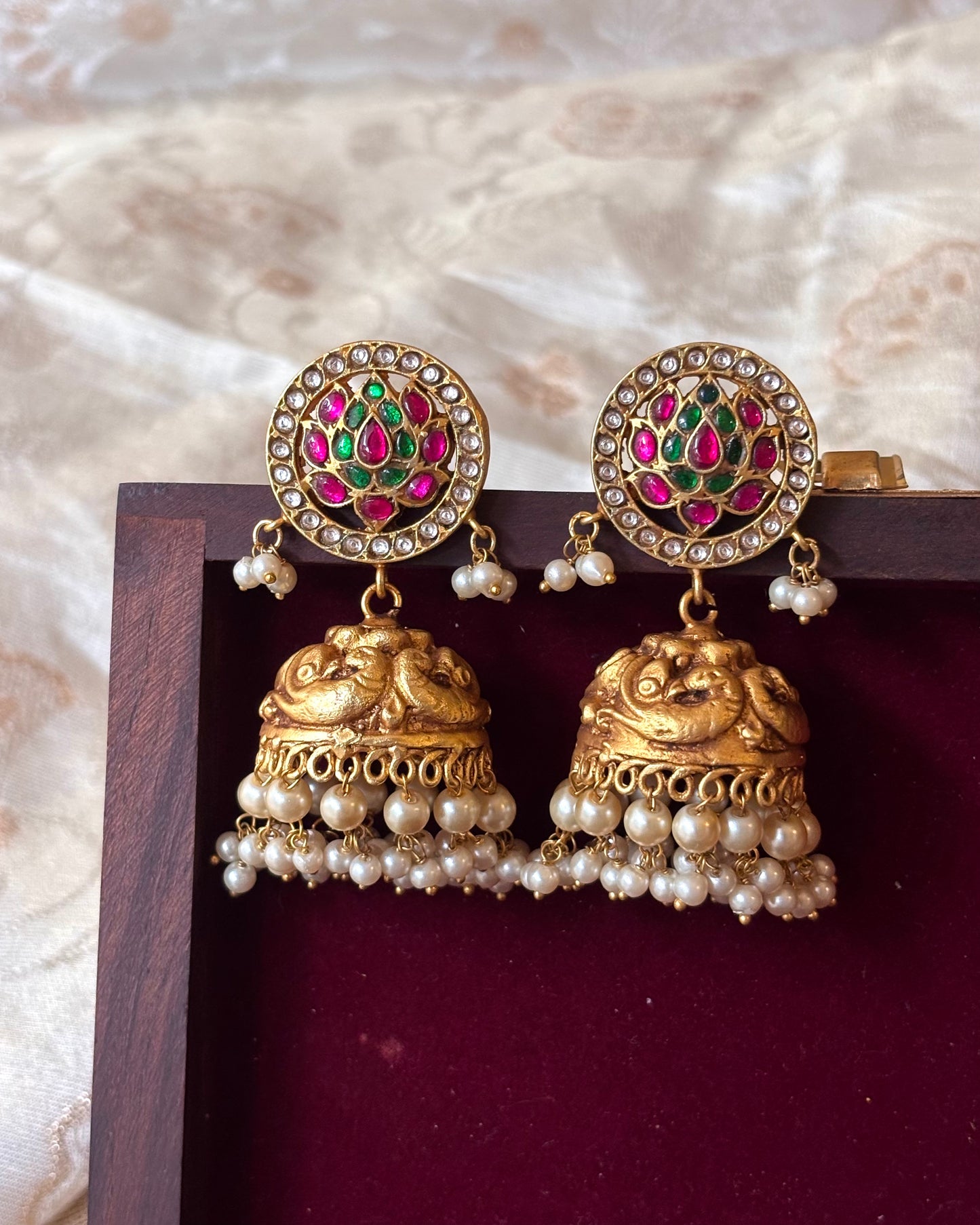 Bridal Jadau Kundan Floral Antique Peacock Jhumkas | ER059