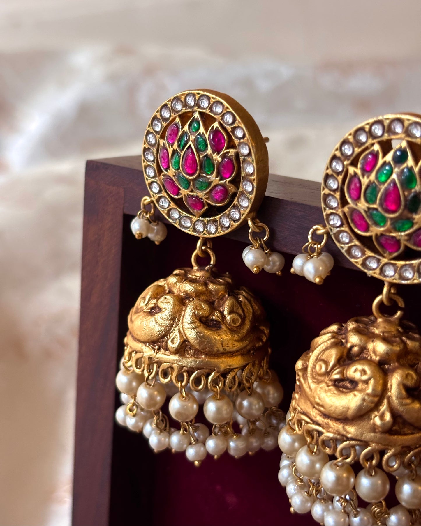 Bridal Jadau Kundan Floral Antique Peacock Jhumkas | ER059