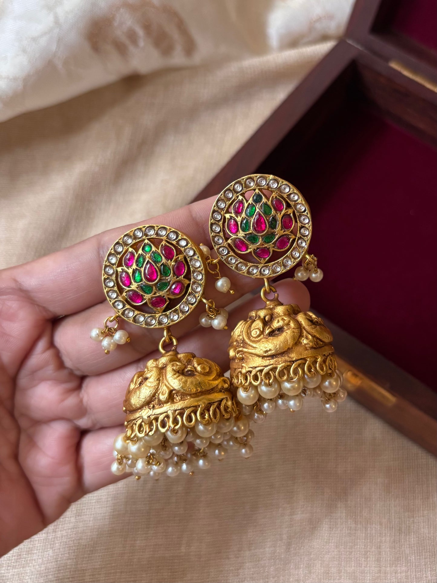 Bridal Jadau Kundan Floral Antique Peacock Jhumkas | ER059
