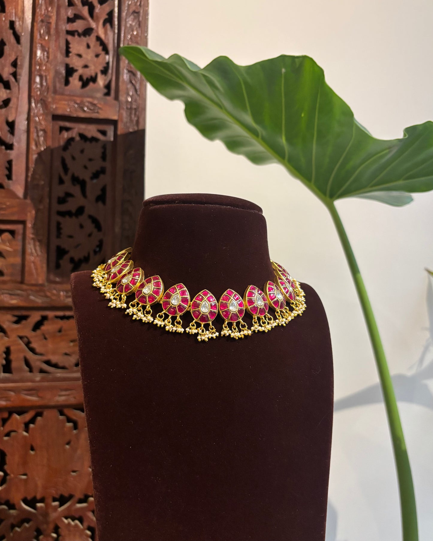 Ruby & White Kundan Necklace – Contemporary Teardrop Design | NC277