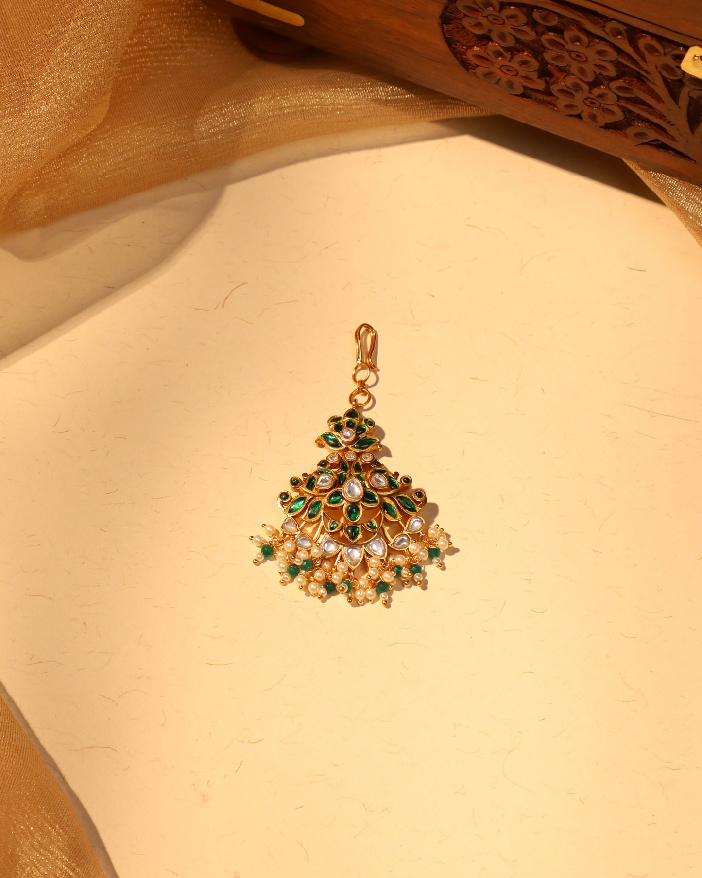 Jadau Kundan Gold-Plated Blossom Maang Tikka Green | MT016