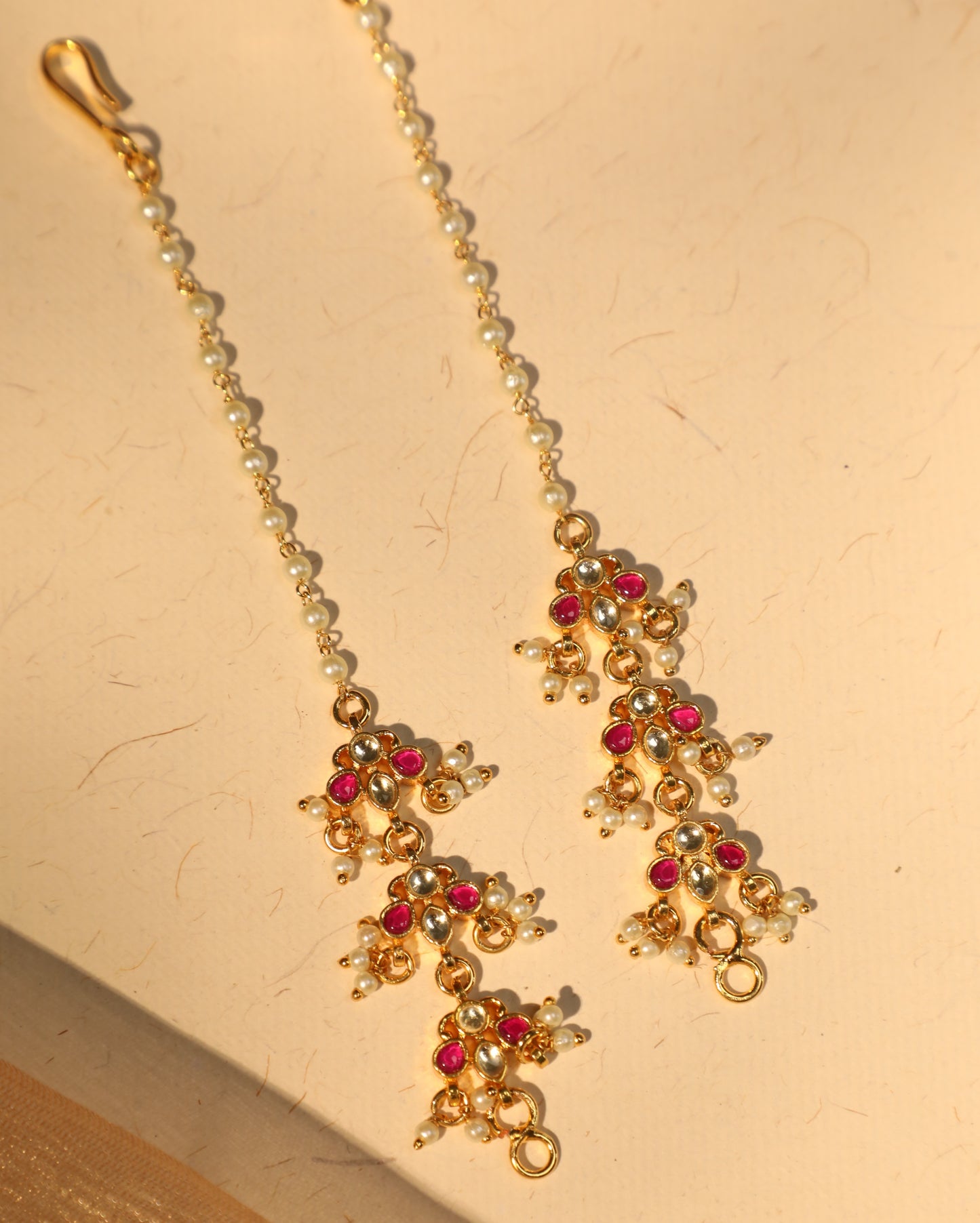 White and Pink Jadau Kundan Straight Maattal | Gold Plated Finish | EC024