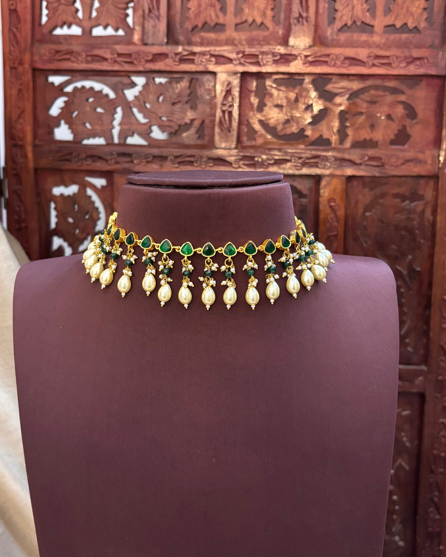 Reversible Jadau Kundan Choker Necklace – Pink & Green Dual Tone with Pearl Hangings | NC082