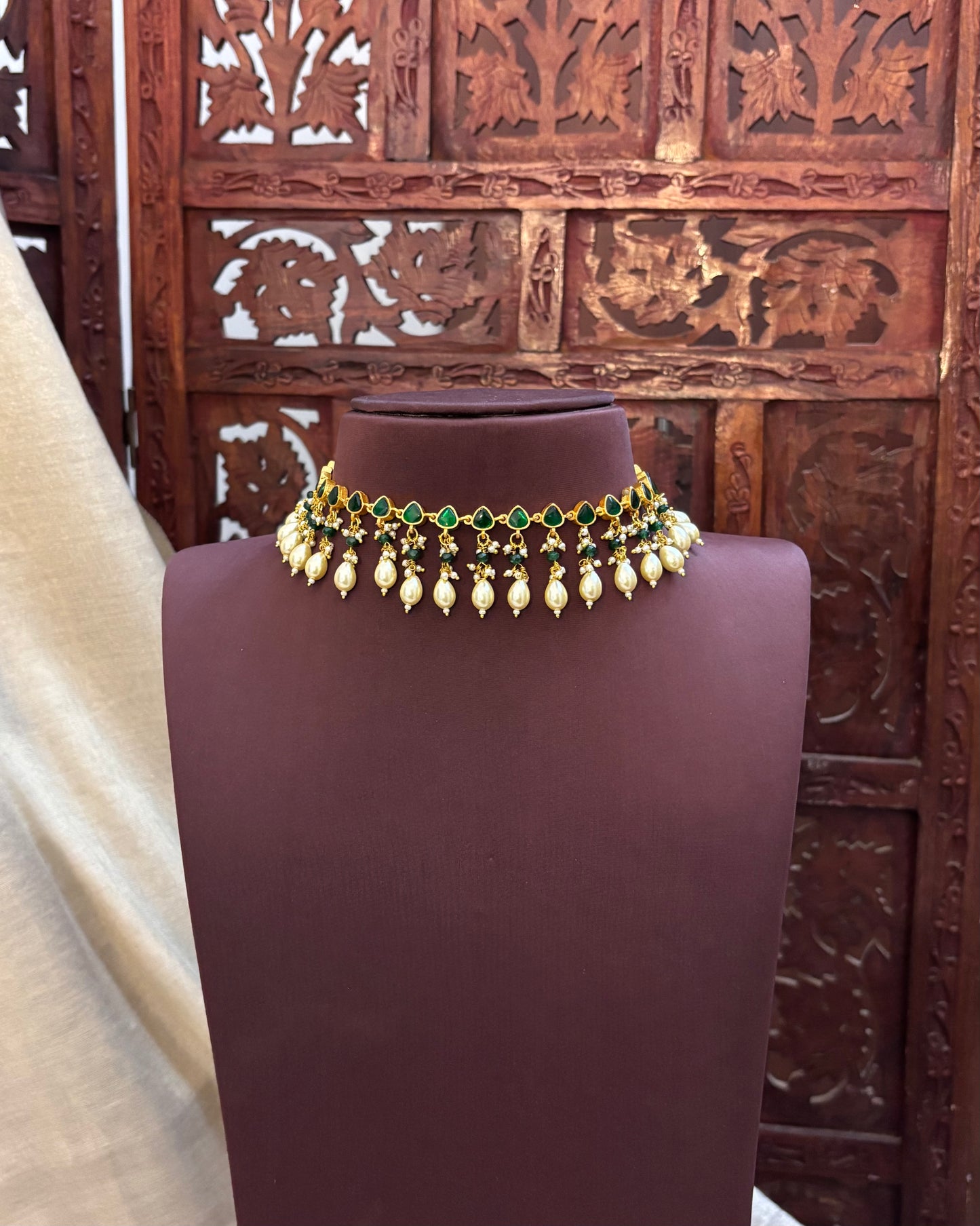 Reversible Jadau Kundan Choker Necklace – Pink & Green Dual Tone with Pearl Hangings | NC082