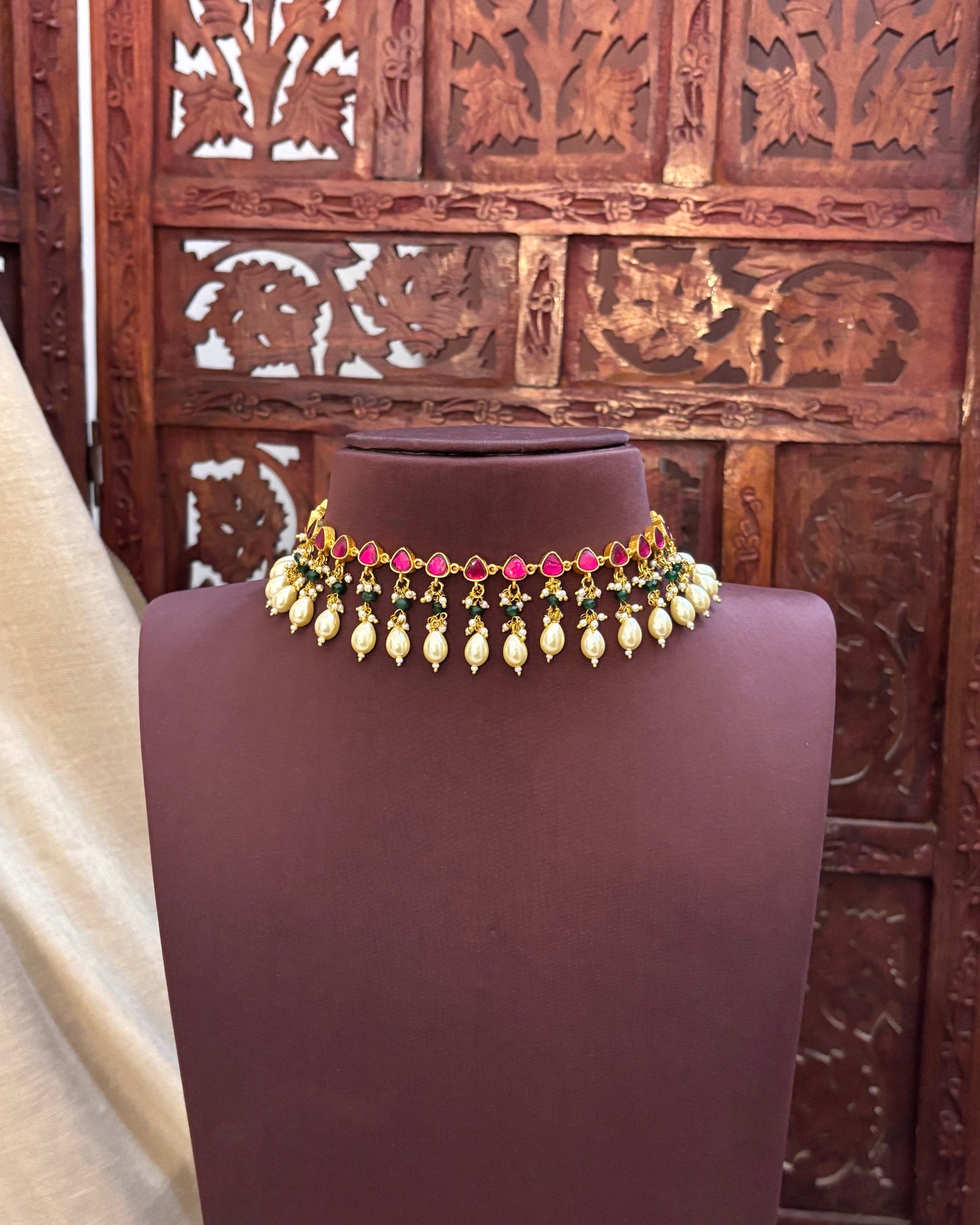 Reversible Jadau Kundan Choker Necklace – Pink & Green Dual Tone with Pearl Hangings | NC082
