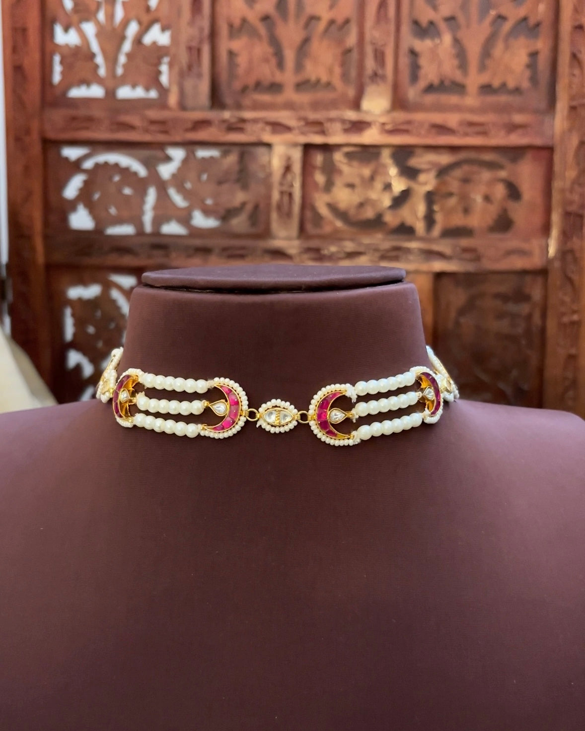 Pearl Choker with Pink & White Kundan Chand Motifs | NC079
