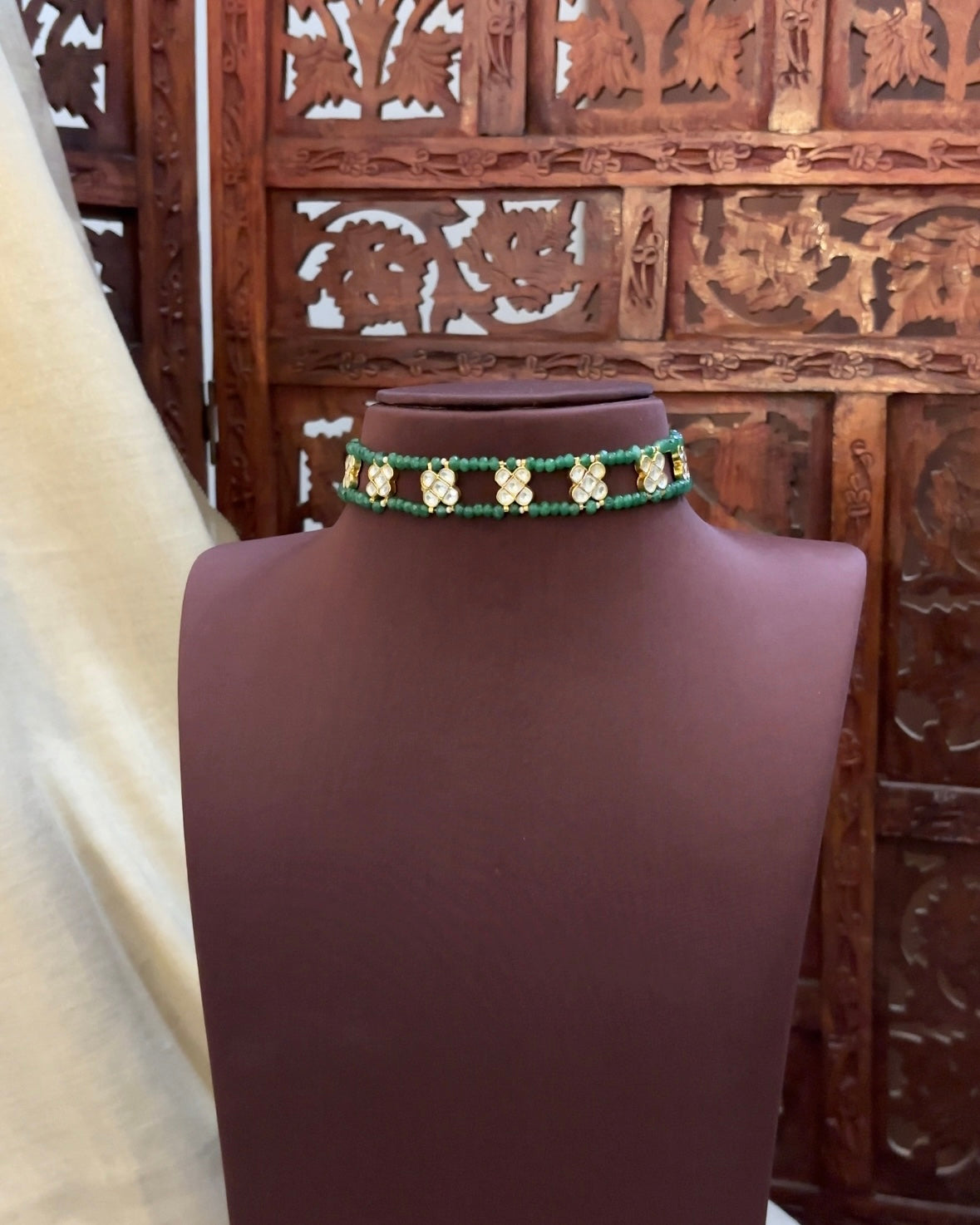 Green Choker with White Floral Accents | NC078