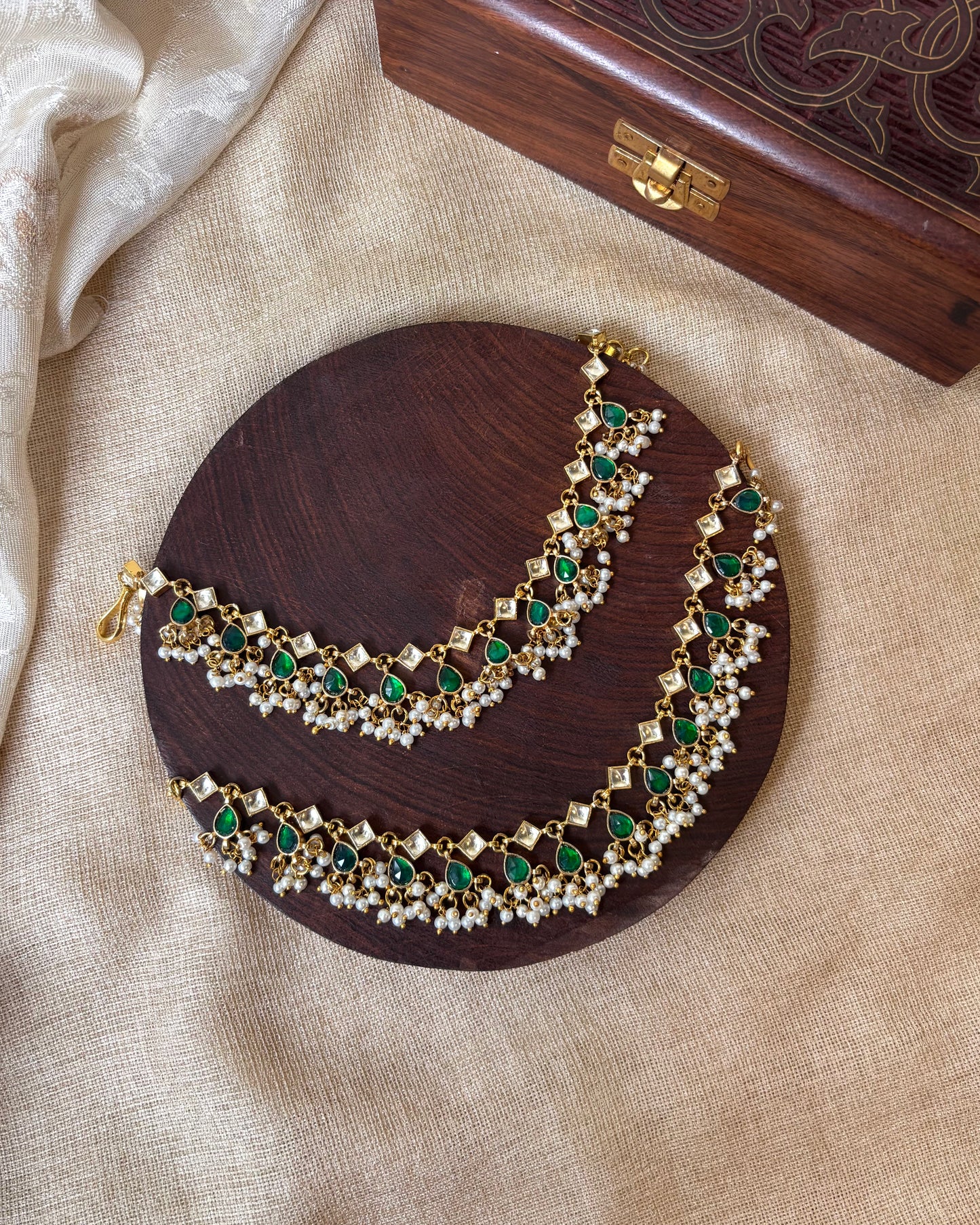 White & Green Jadau Kundan Bridal Ear Chain with Pearl Detailing | EC041