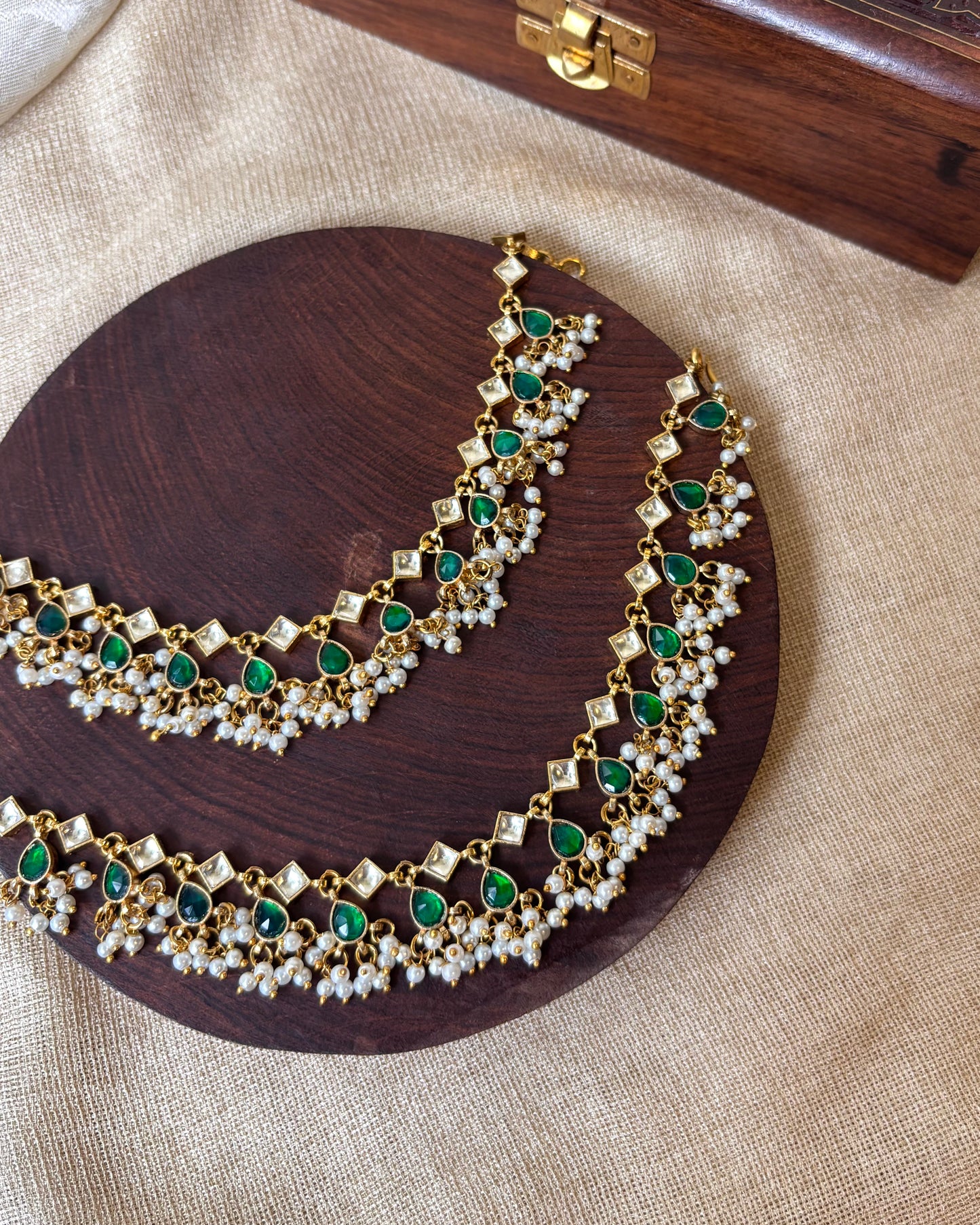 White & Green Jadau Kundan Bridal Ear Chain with Pearl Detailing | EC041