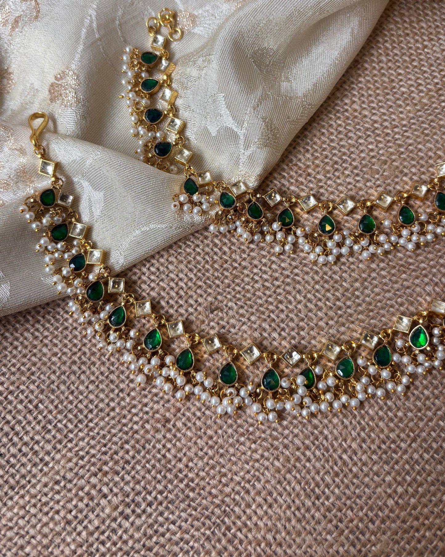 White & Green Jadau Kundan Bridal Ear Chain with Pearl Detailing | EC041