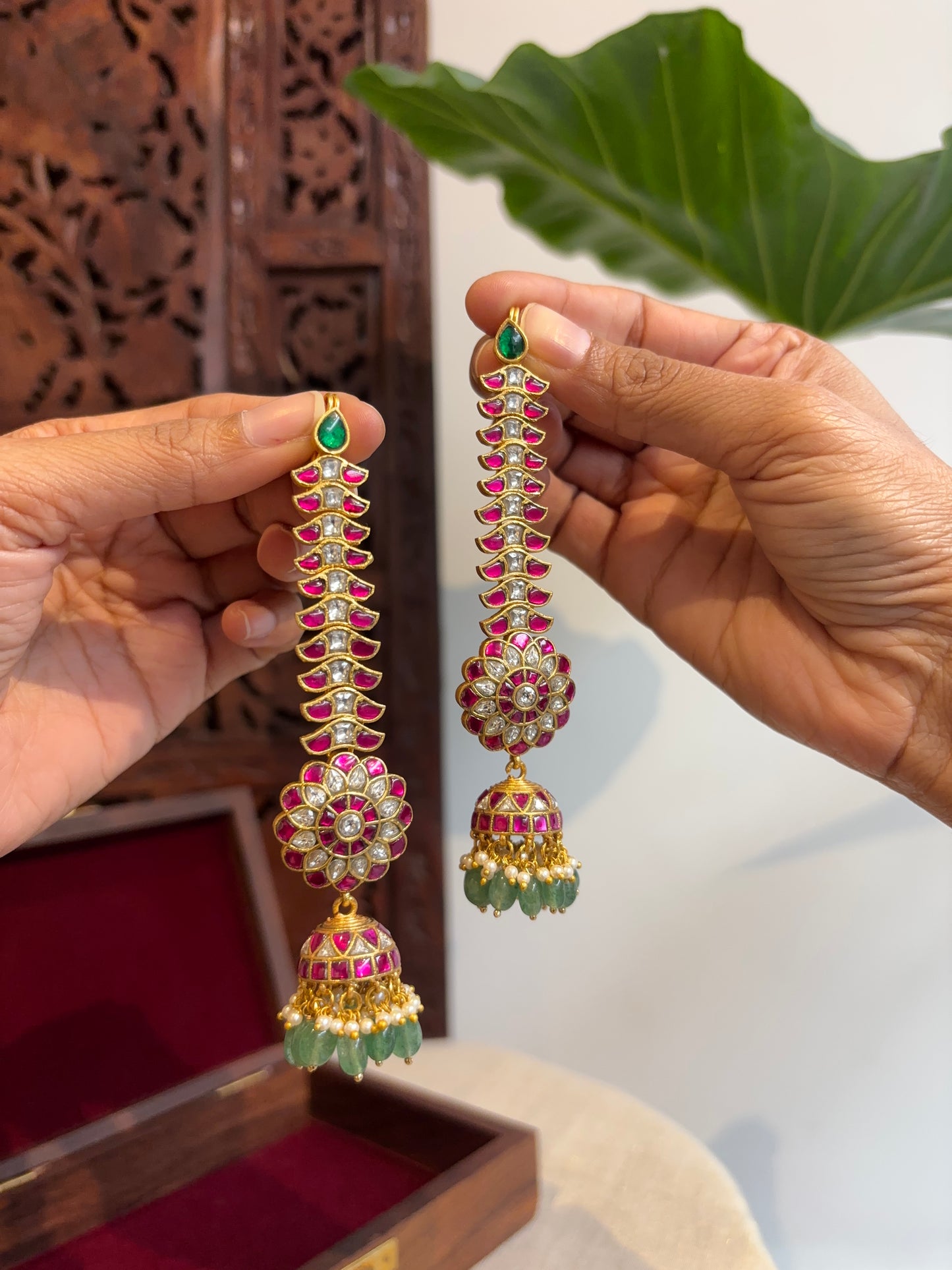 Traditional Jadau Kundan Floral Jhumkas with Attached Straight Ear Chain | ER185