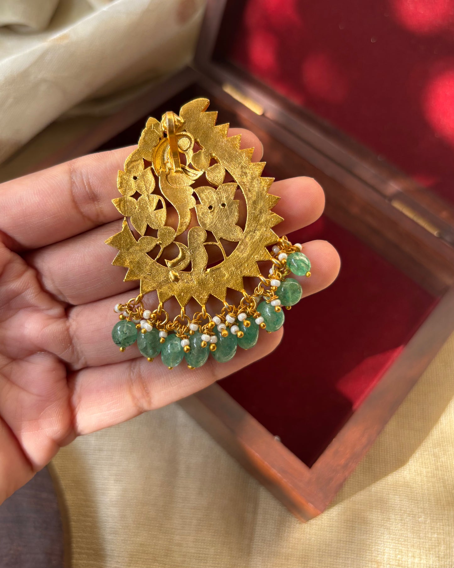 Multicolor Peacock Jadau Kundan Pendant | Pearl Hangings | HA155