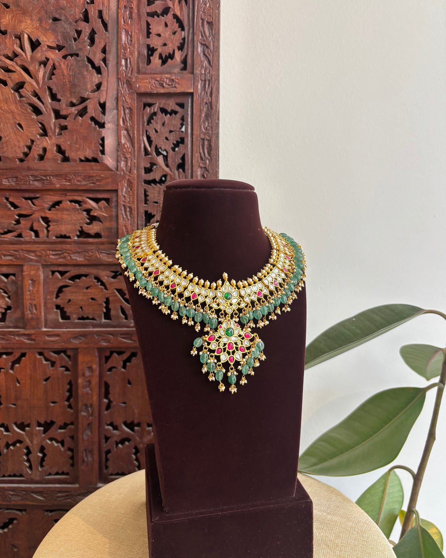 Bridal Jadau Kundan Floral Necklace with Strawberry Beads | NC369