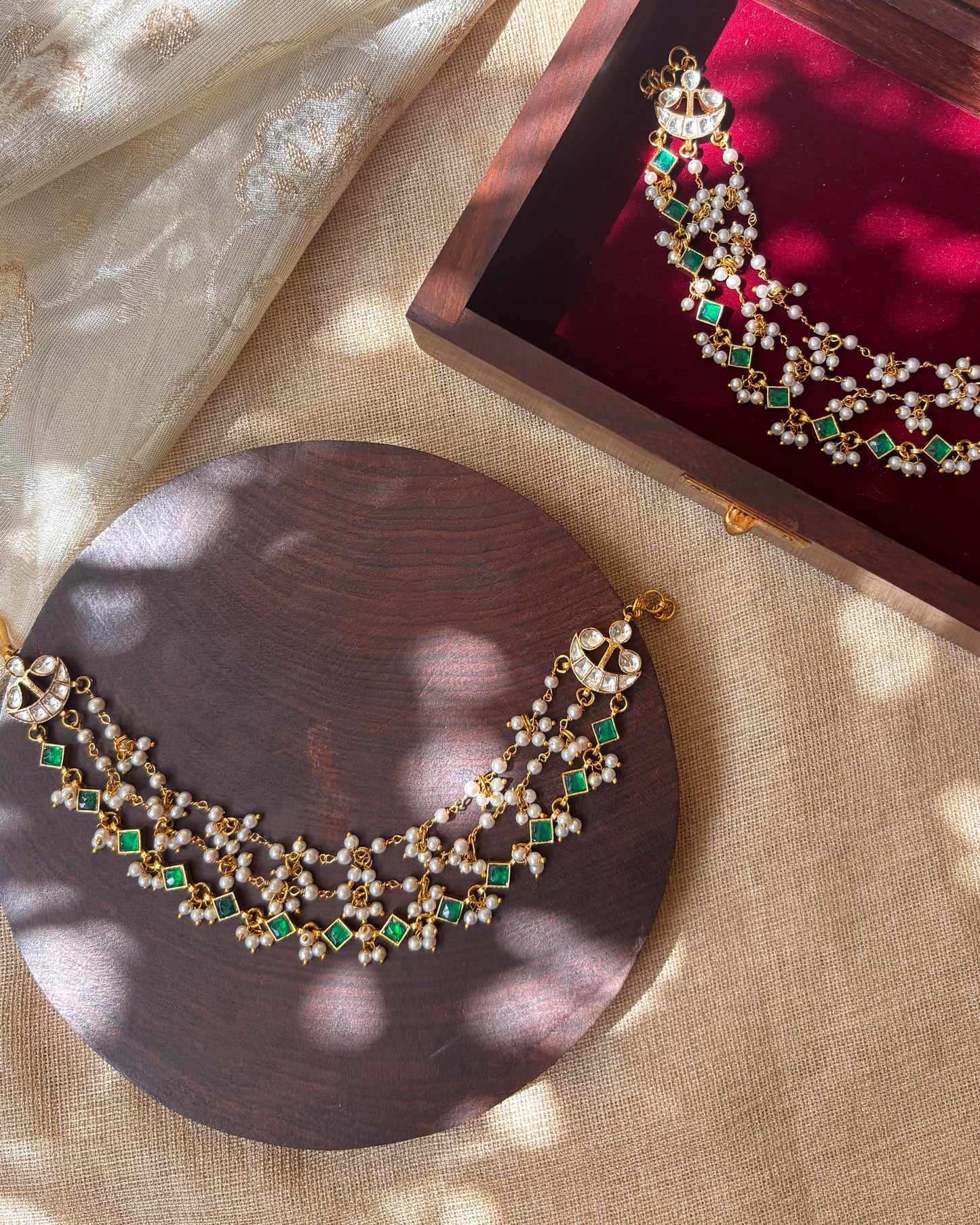 Minimal Jadau Kundan Three-Layer Pearl Ear Chain – Green & White | EC071