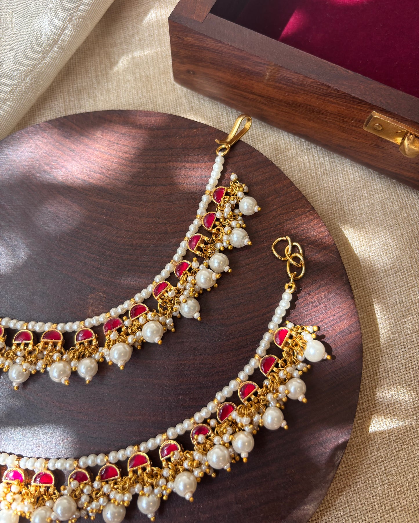 Ruby Pink Kundan Single Layer Ear Chain with Pearl Drops – Gold Plated | EC040