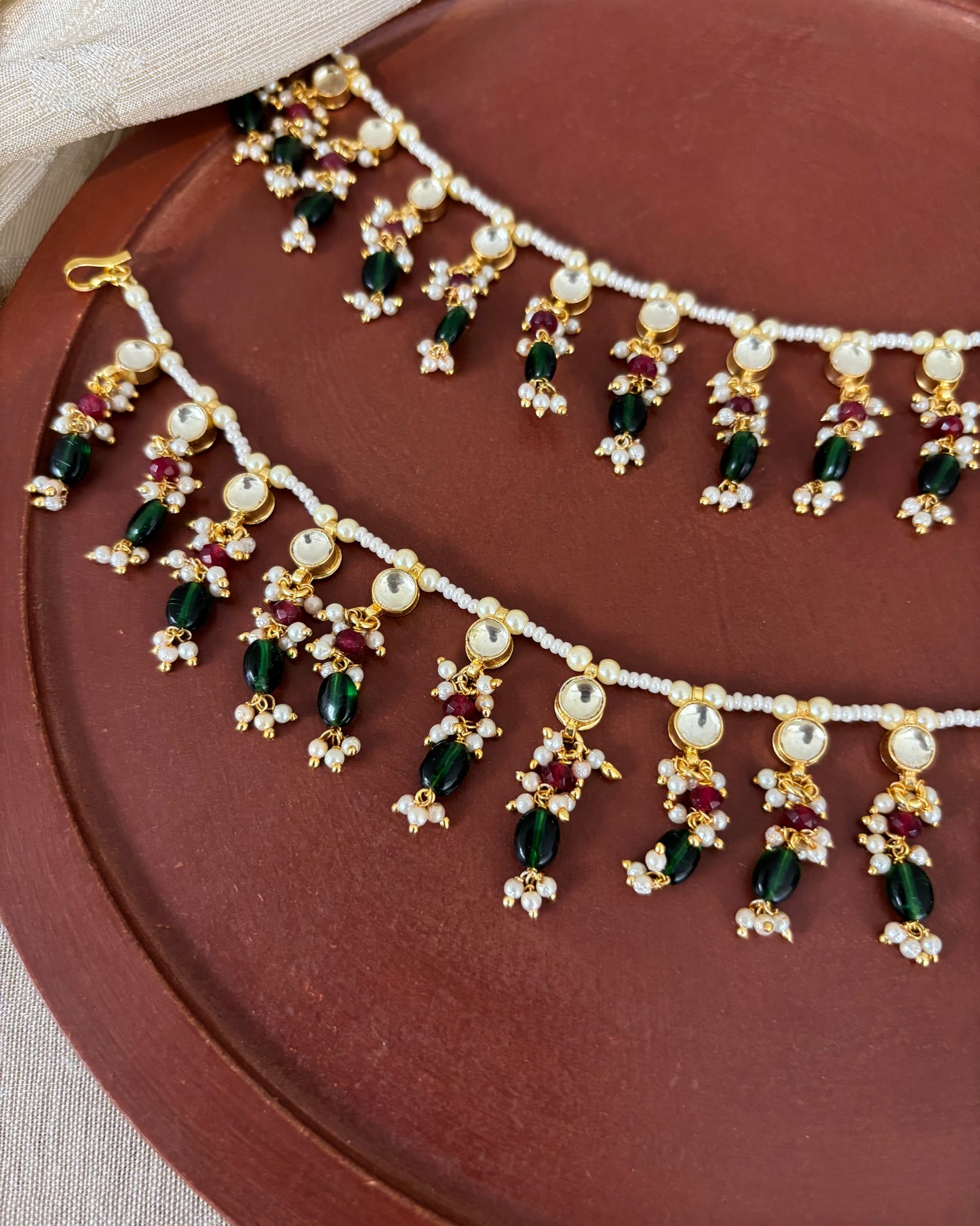 Multicolor Kundan Single Layer Ear Chain with Green Drops – Gold Plated | EC149