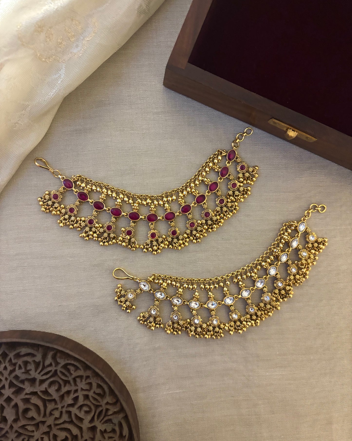 2-in-1 Reversible Antique Ear Chain: Ruby Kemp & White Stone | EC107