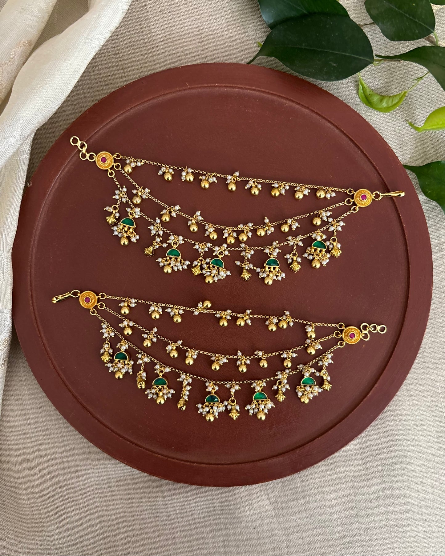 Green Color Gold Plated Jadau Kundan Ear Chain | EC154