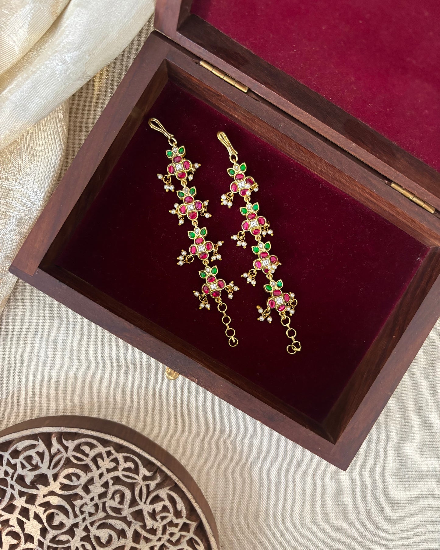 Floral Jadau Kundan Straight Ear Chain – Multicolor | EC138