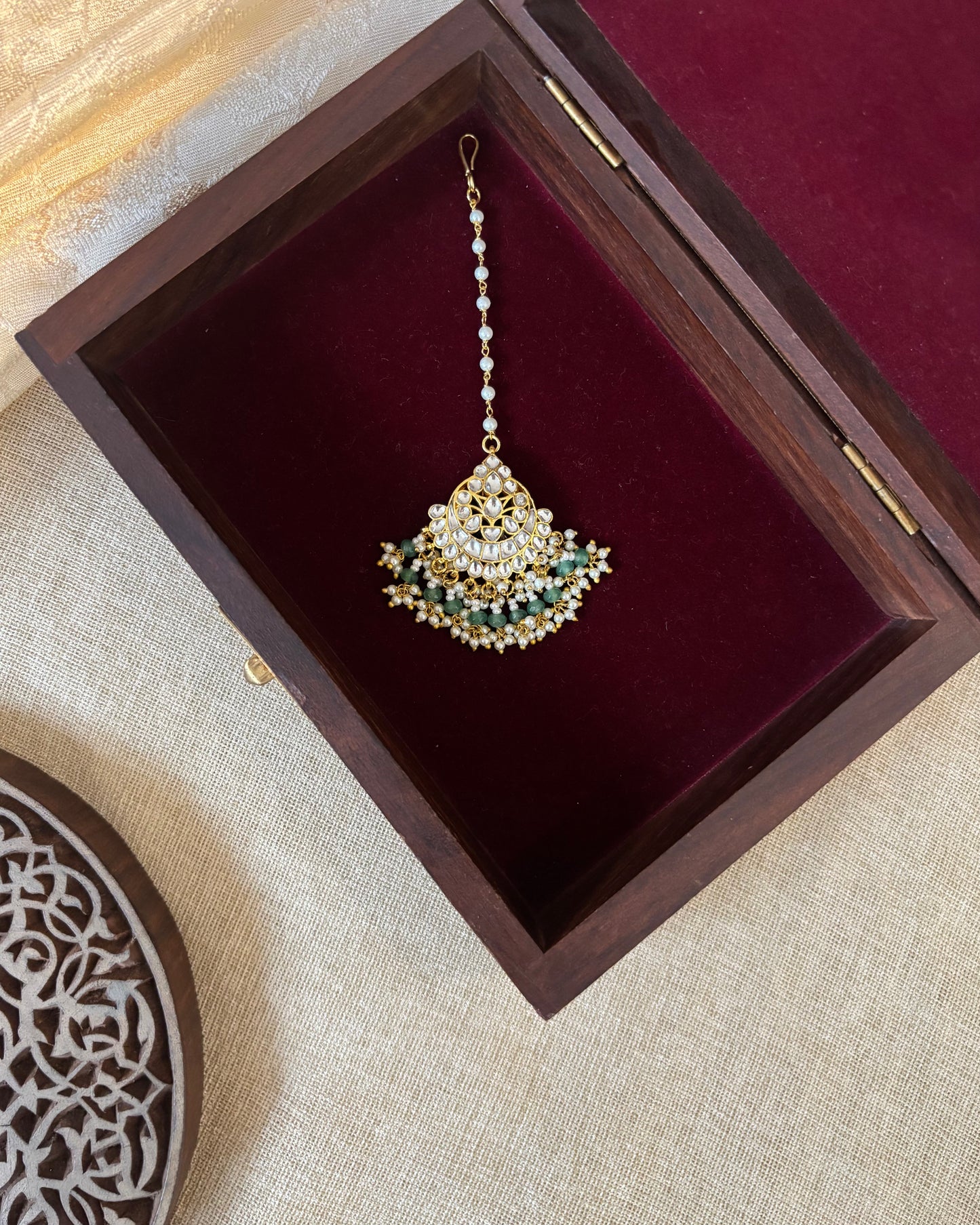 Floral Jadau Maang Tikka | White With Green Beads | MT292