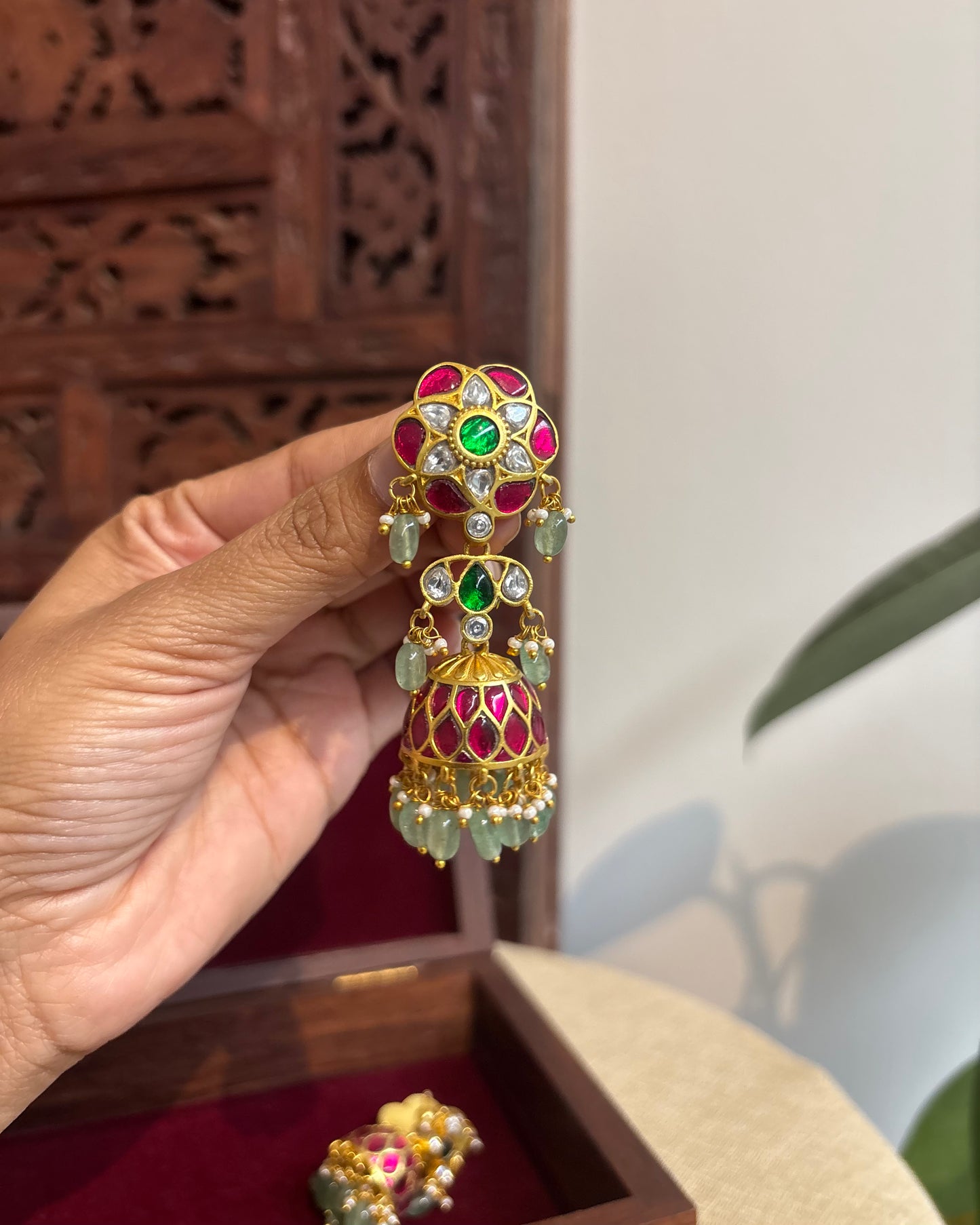 Multicolor Floral Jadau Kundan Long Jhumkas with Pearl Hangings | ER267
