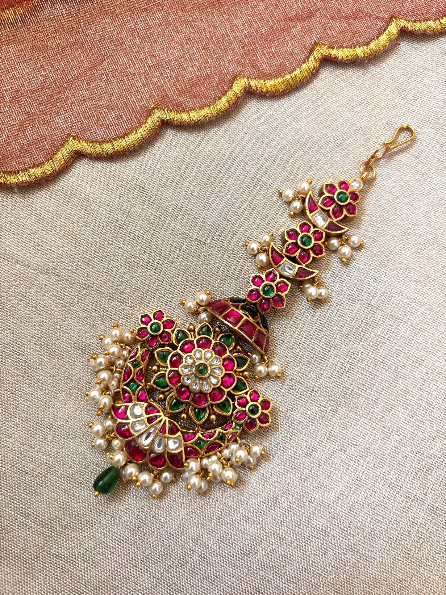 Floral Design Jadau Kundan Maangtika with Pearl Beads | MT047