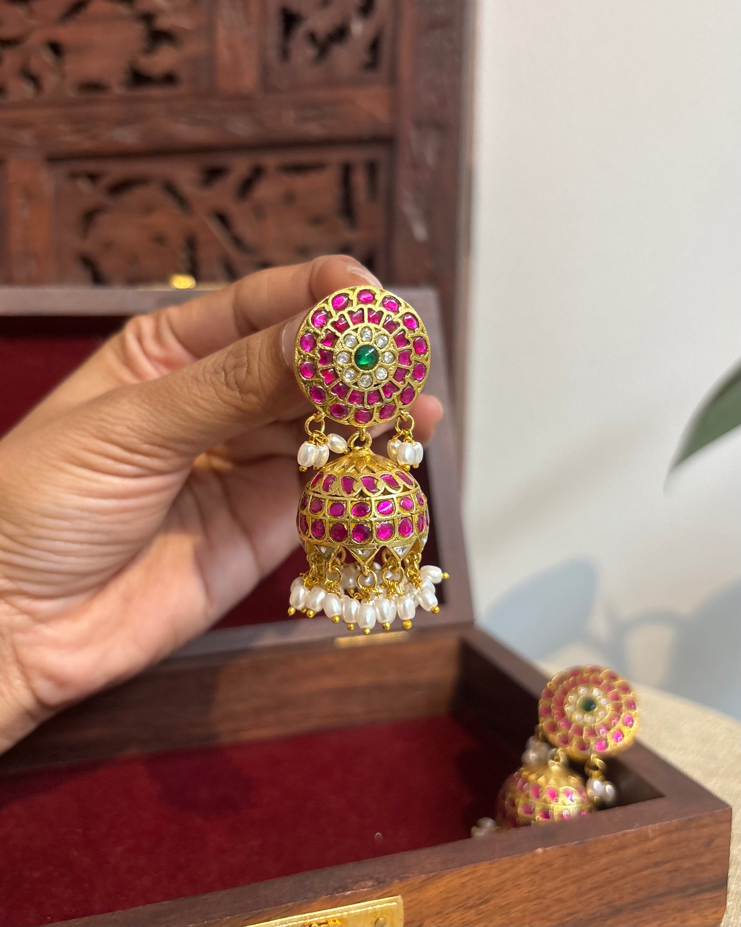 Multicolor Floral Jadau Kundan Jhumkas with Pearl Hangings | ER261