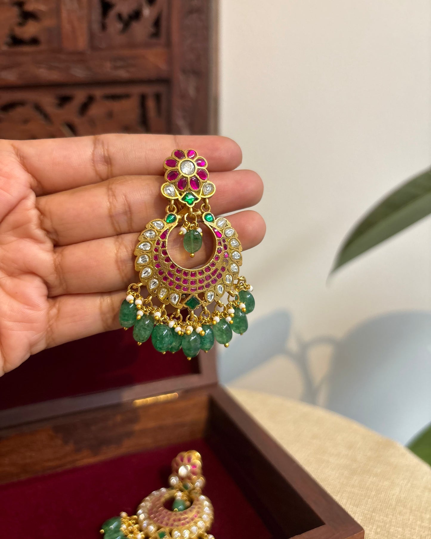 Bridal Jadau Kundan Chandbali Earrings with Pearls & Strawberry Beads | ER264