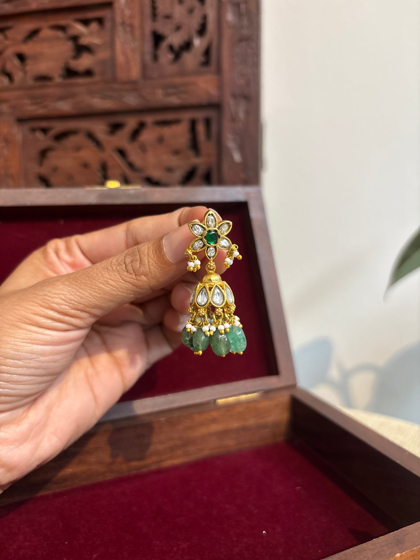 Green Jadau Kundan Jhumkas – For Kids & Adults | ER266