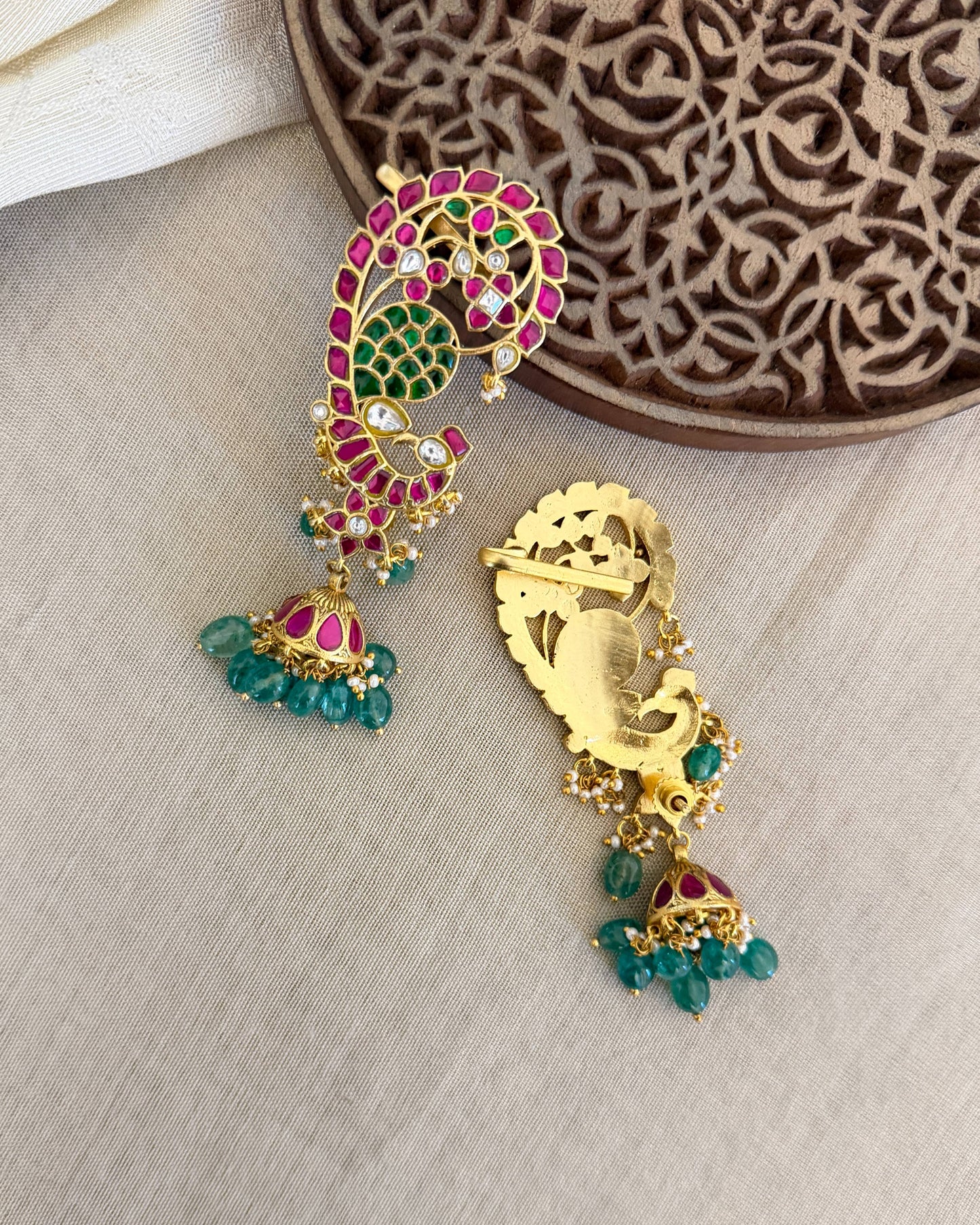 Multicolor Floral Jadau Kundan Peacock Jhumkas | ER381