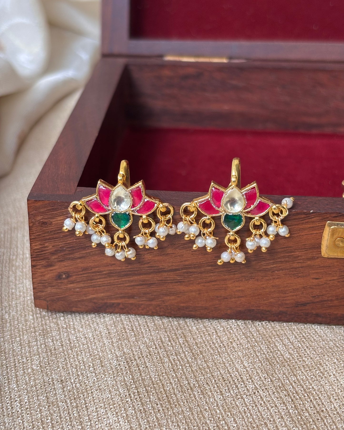 Handcrafted Multicolor Lotus Bugadi – Jadau Kundan Ear Accessory | ER066
