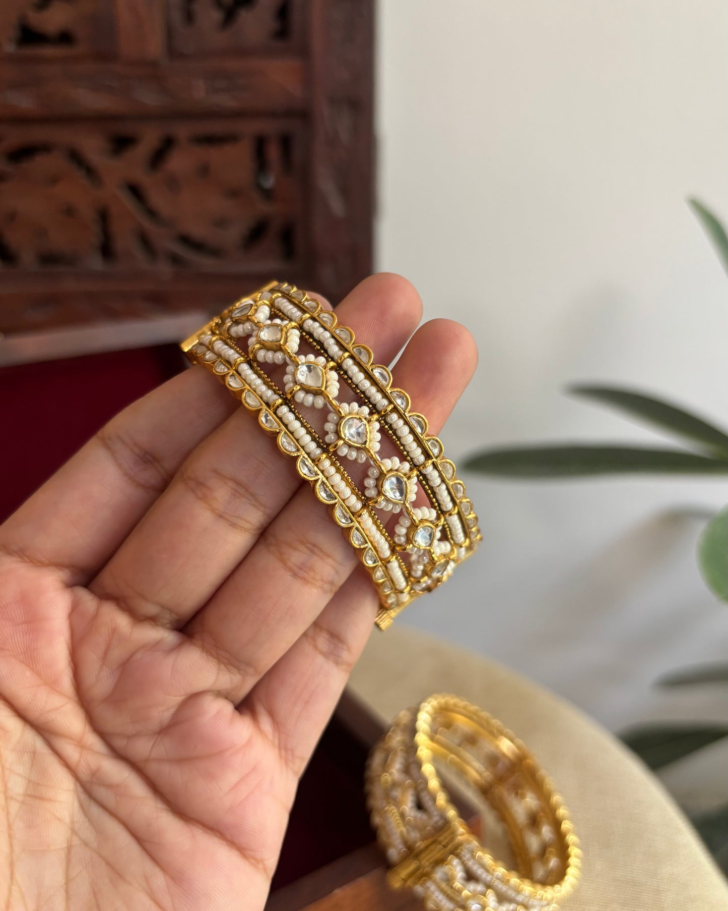 Jadau Kundan Gold Plated Bangles — White with Pearl Detailing | BA078