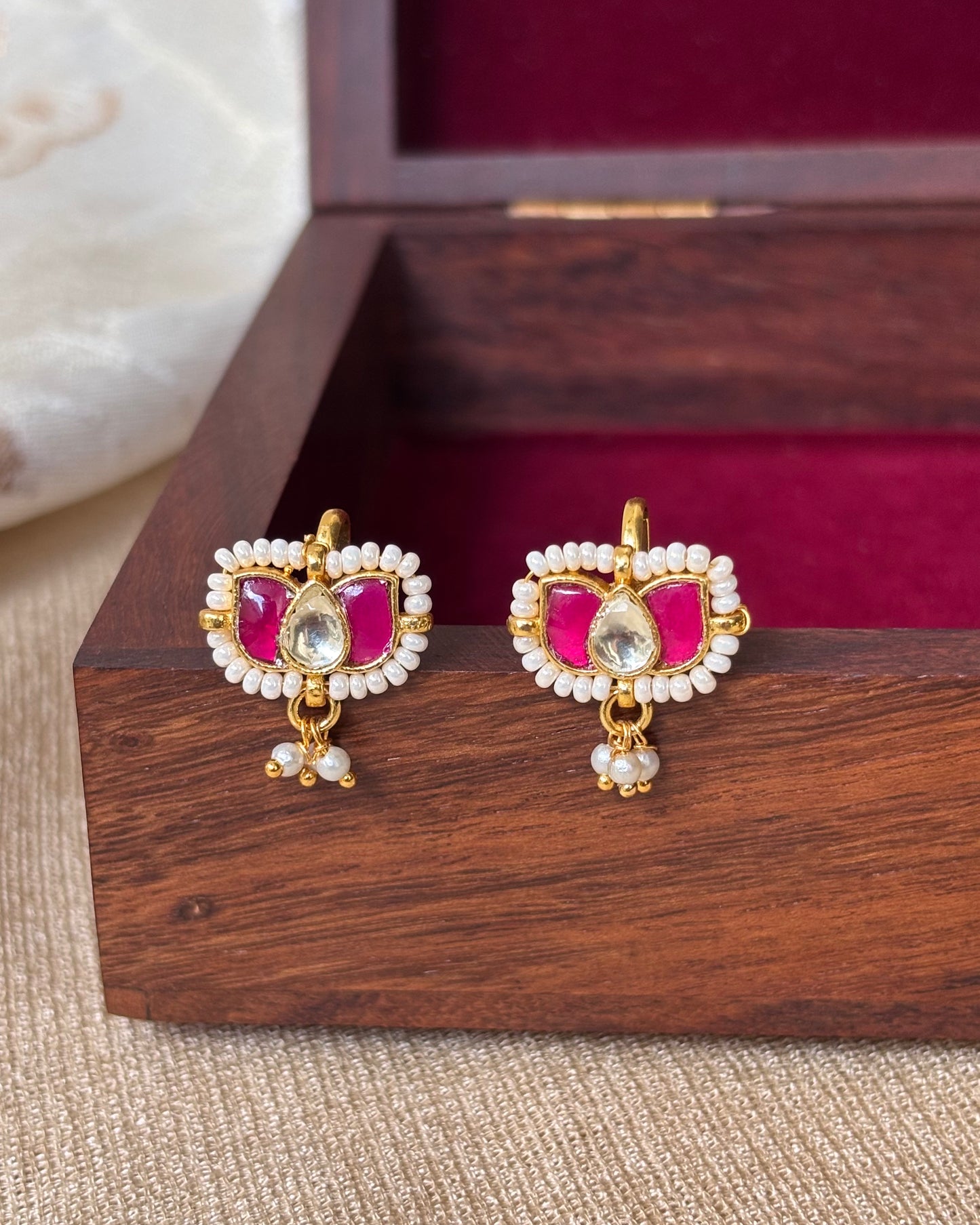 Handcrafted Pink & White Lotus Bugadi – Jadau Kundan Ear Accessory | ER076