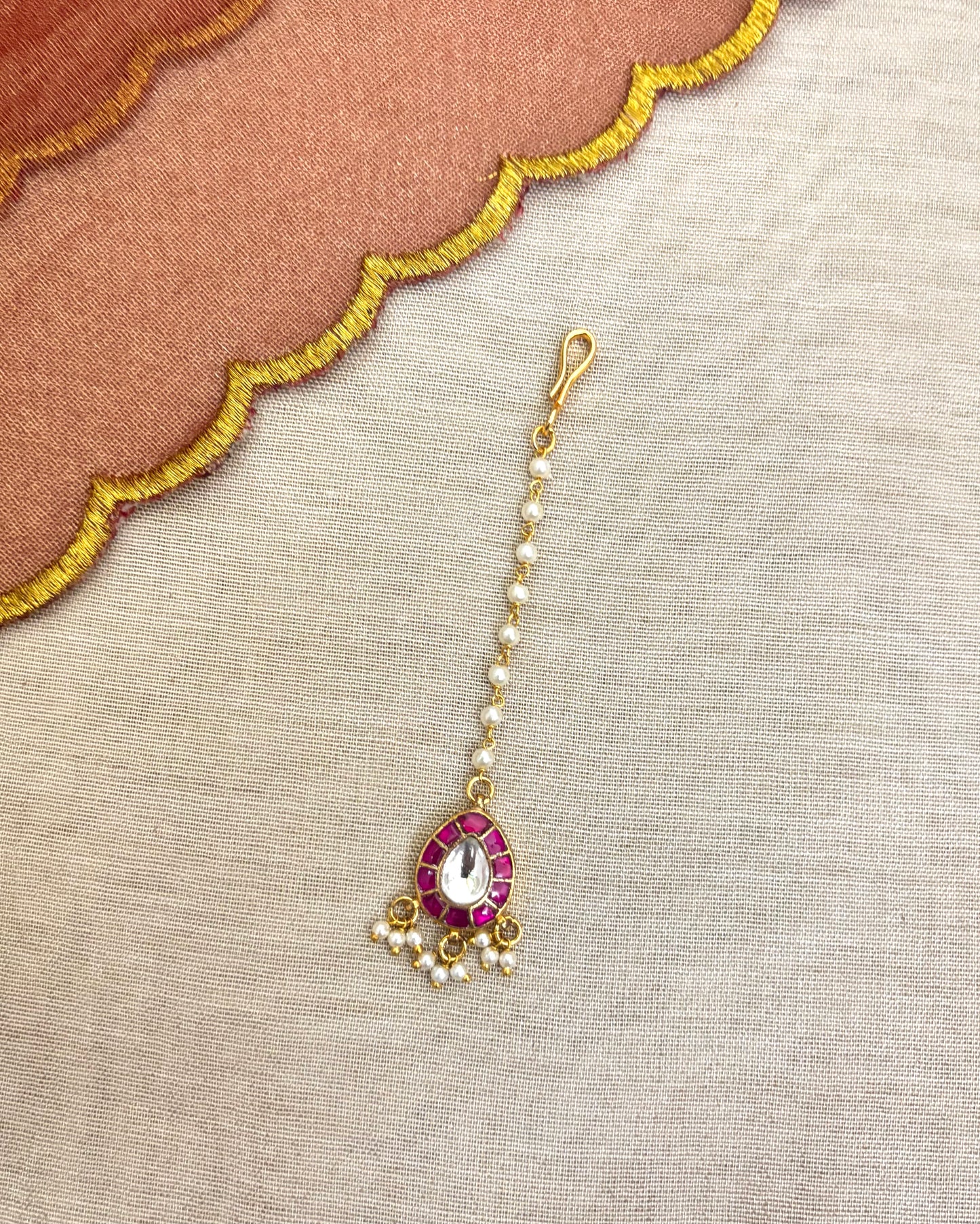 Minimal Jadau Maang Tikka | Pink and White | Lightweight Gold Plated | MT035