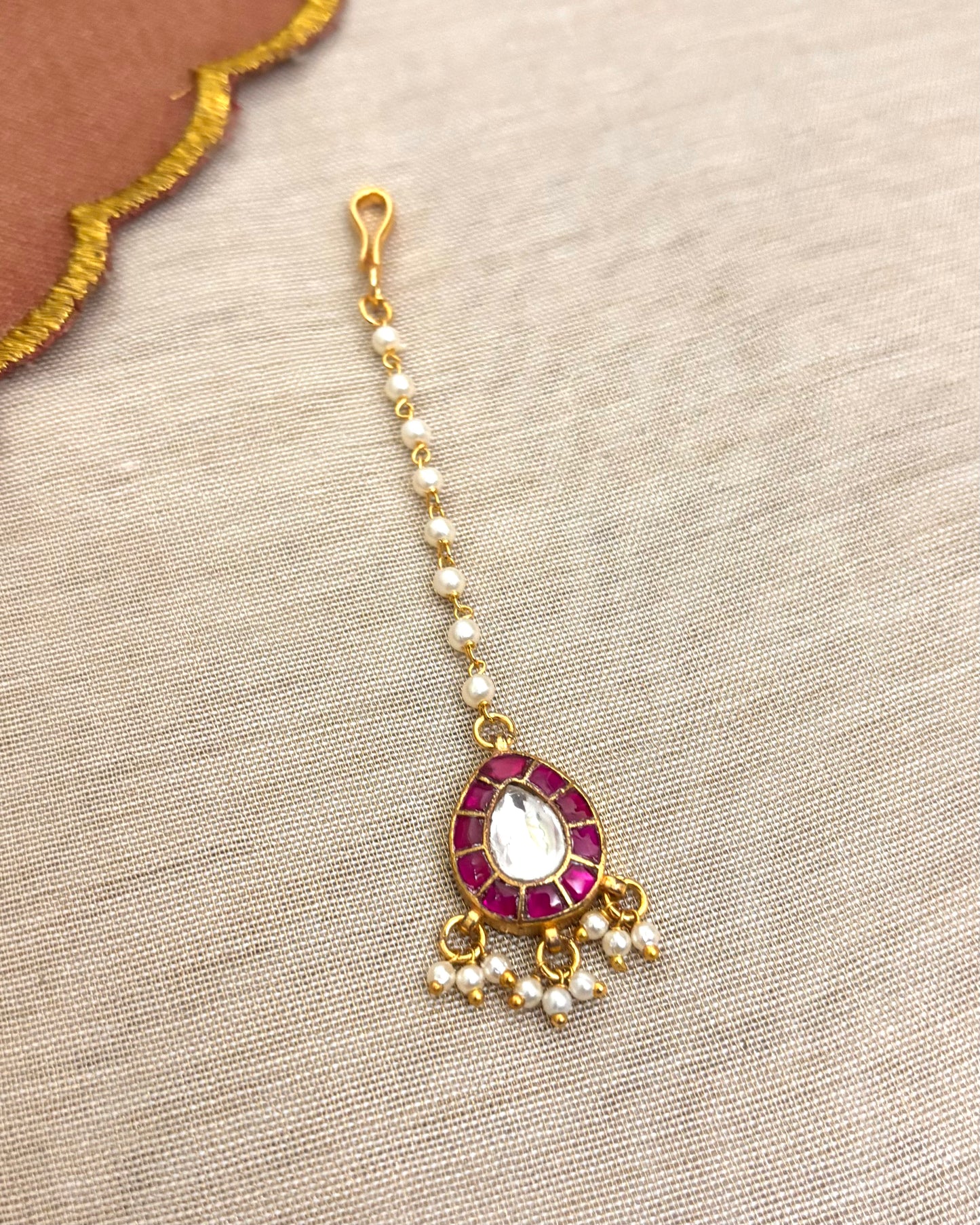 Minimal Jadau Maang Tikka | Pink and White | Lightweight Gold Plated | MT035